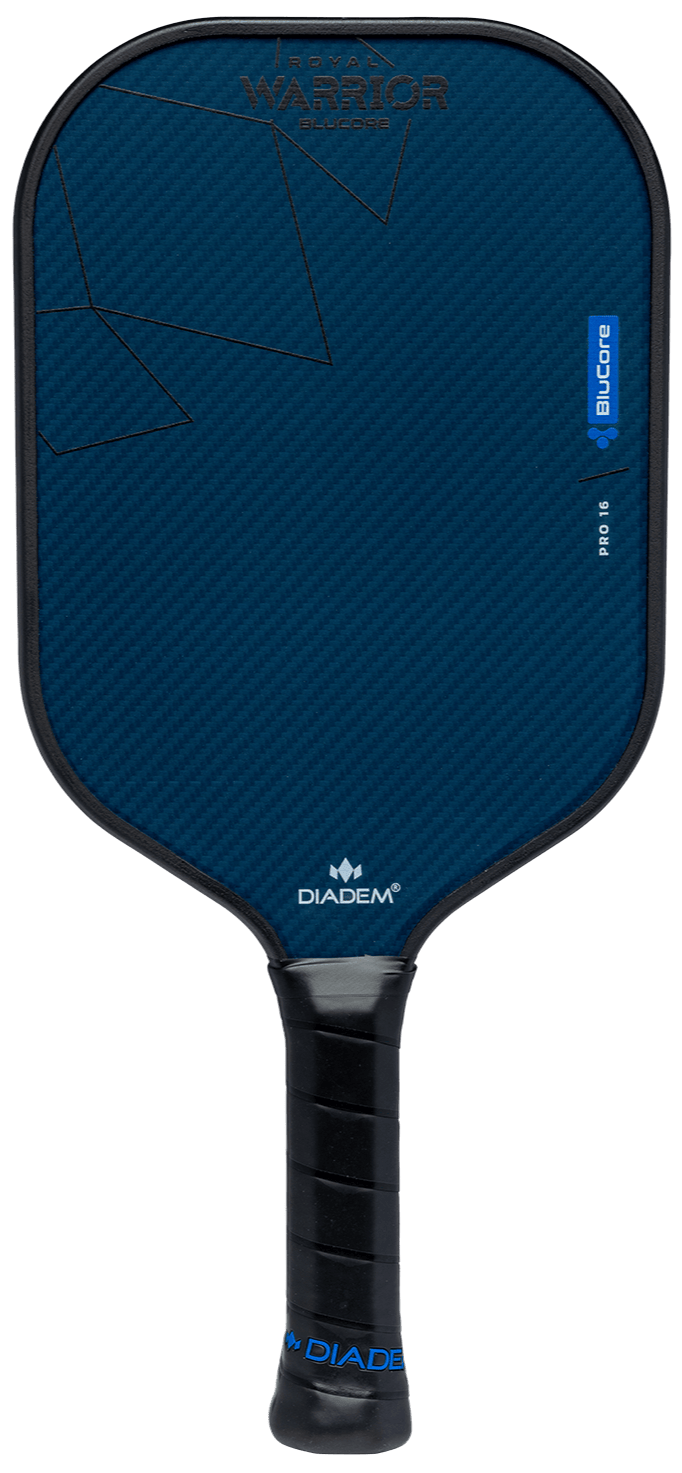 The Diadem ROYAL Warrior BluCore PRO 16MM by Royal Pickleball is a navy paddle with a black grip, Kevlar Carbon Fiber Matrix texture, geometric accents, silver and blue branding, rectangular rounded shape, and a thin handle.