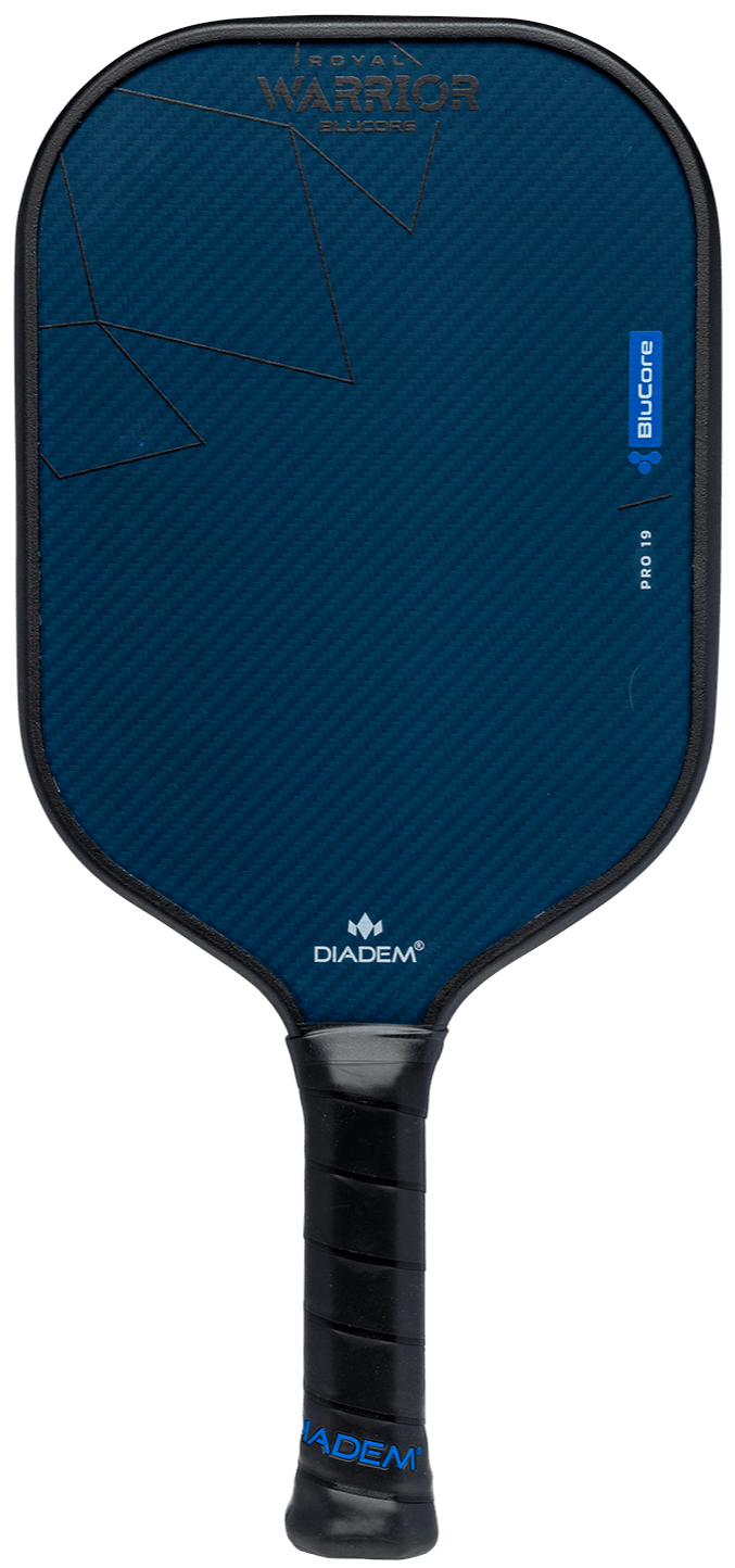 The Diadem ROYAL Warrior BluCore PRO 19MM by Royal Pickleball is a blue and black paddle with BluCore Technology, a textured angular-lined face, black grip, "WARRIOR EDGE" at the top, and "ELONGATED" on the upper right.