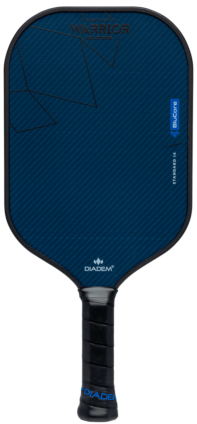 The Diadem ROYAL Warrior BluCore STANDARD 14MM by Royal Pickleball features a blue Kevlar Carbon Fiber Matrix face with faint diagonal lines, geometric patterns, black edge and grip, and white/blue Warrior Edge, Diadem, and BlueCore labels.
