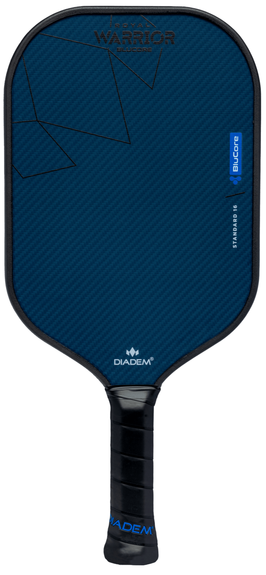 A blue Royal Pickleball Diadem ROYAL Warrior BluCore STANDARD 16MM paddle with a black grip, geometric face lines, "Warrior Edge" at the top, and handle logos for Diadem and BluCore Technology.
