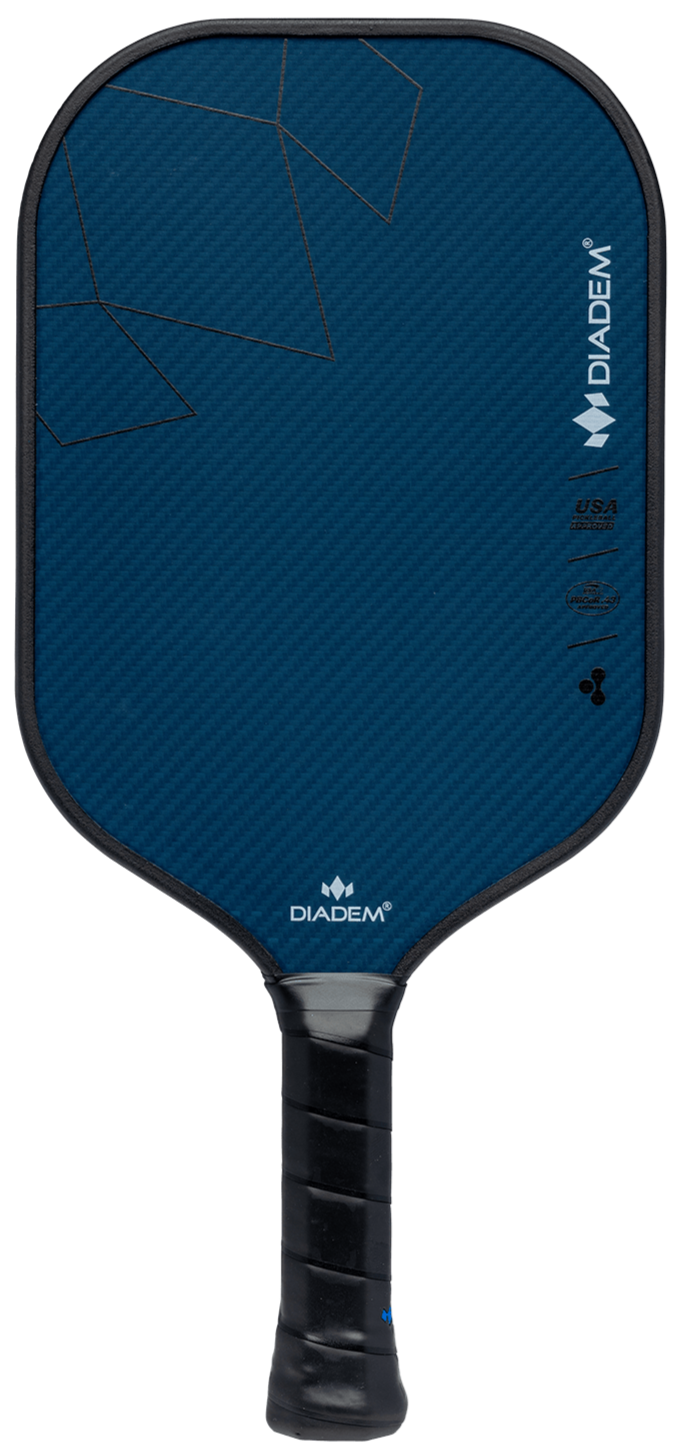 A blue Royal Pickleball Diadem ROYAL Warrior BluCore STANDARD 16MM paddle with black geometric lines, black edge trim and grip, BluCore Technology, Diadem logo, USA Pickleball Approved mark, and white background.