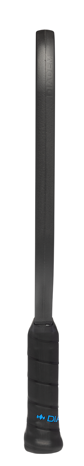 A Diadem ROYAL Warrior BluCore STANDARD 16MM pickleball paddle by Royal Pickleball stands upright on a plain white background, showcasing its streamlined design with blue “DMC” branding near the base for a minimalistic look.