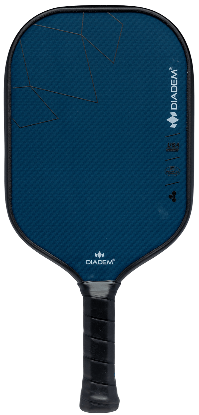 A blue Royal Pickleball Diadem ROYAL Warrior BluCore STANDARD 19MM paddle with black edge guard, black grip, textured surface with subtle gold geometric lines, and visible Diadem logo. Features BluCore Technology. Plain white background.