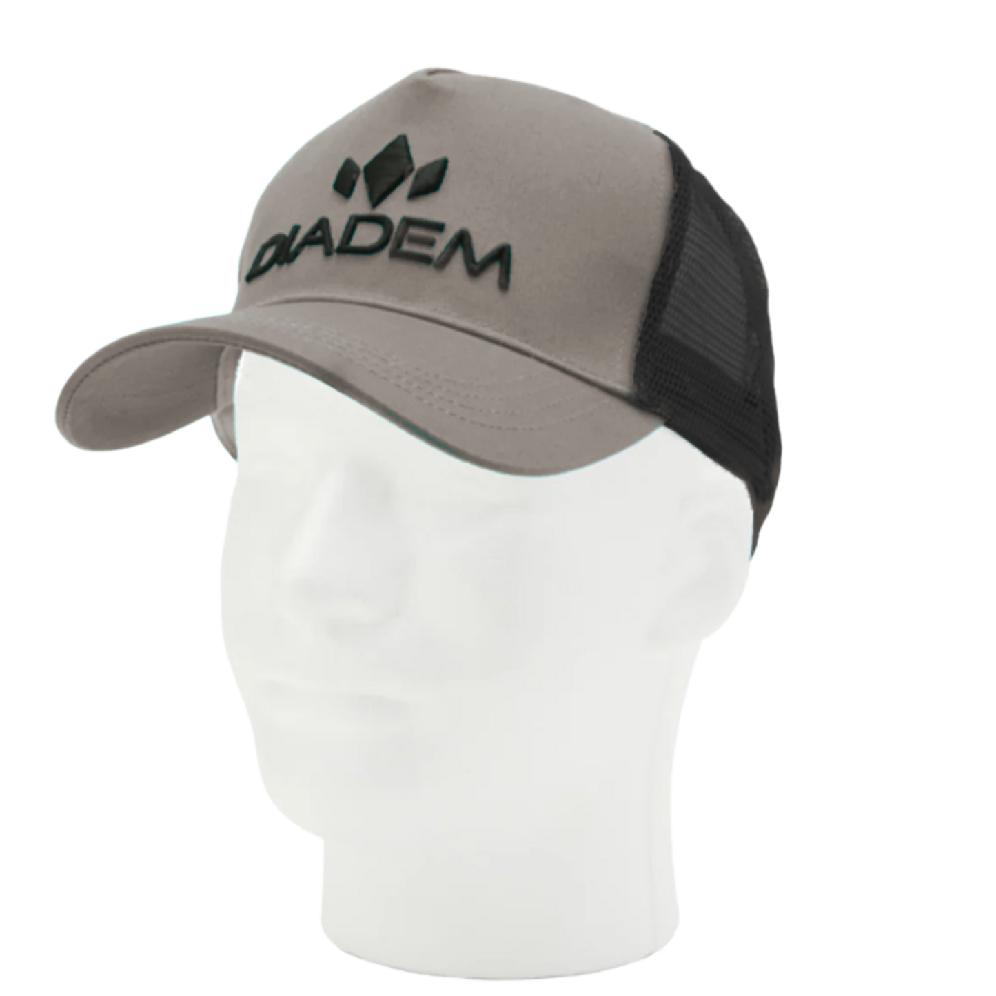 The Diadem Sports Snapback Trucker Hat features a gray and black design with a curved brim, mesh back, adjustable fit, "DIADEM" text, and geometric logo. Displayed on a white mannequin head.