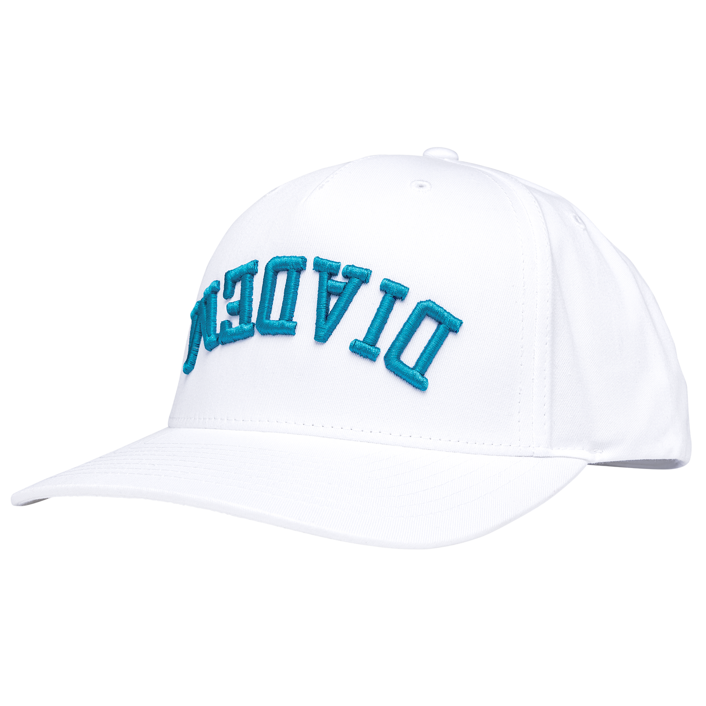 The Diadem Sports Snapback Trucker Sun Cap is a white baseball hat with turquoise blue mirrored "DADEND" embroidery, a curved brim, adjustable snapback, and visible stitching, shown on a plain light gray background.