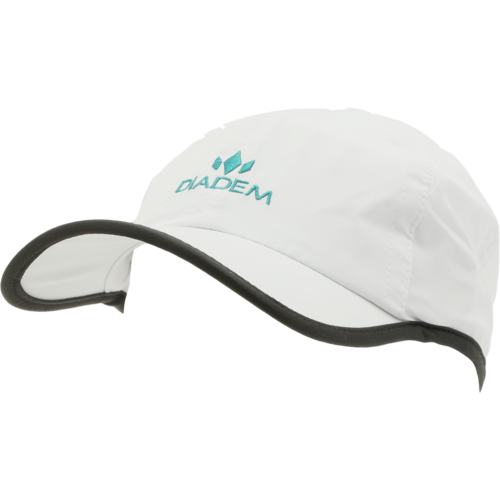 The Diadem Sports Performance Hat is a white snapback trucker cap with a curved black brim edge, teal Diadem logo, moisture-wicking fabric, and adjustable fit, shown on a plain white background.