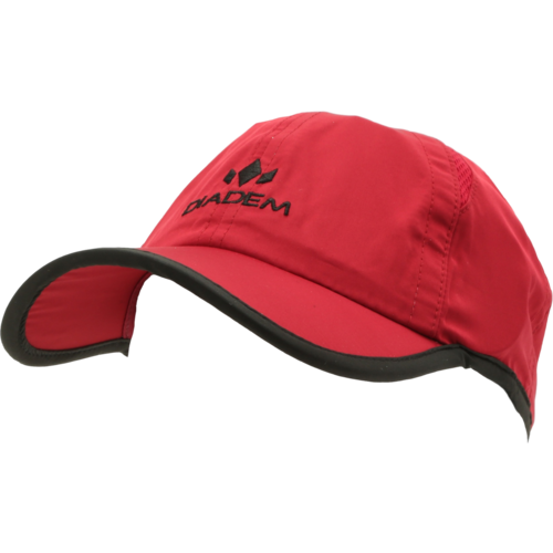 The Diadem Sports Performance Snapback Trucker Hat features a bright red design with a black brim edge, black embroidered logo and crown on the front, visible stitching, a slightly curved bill, and is shown on a light gray background.