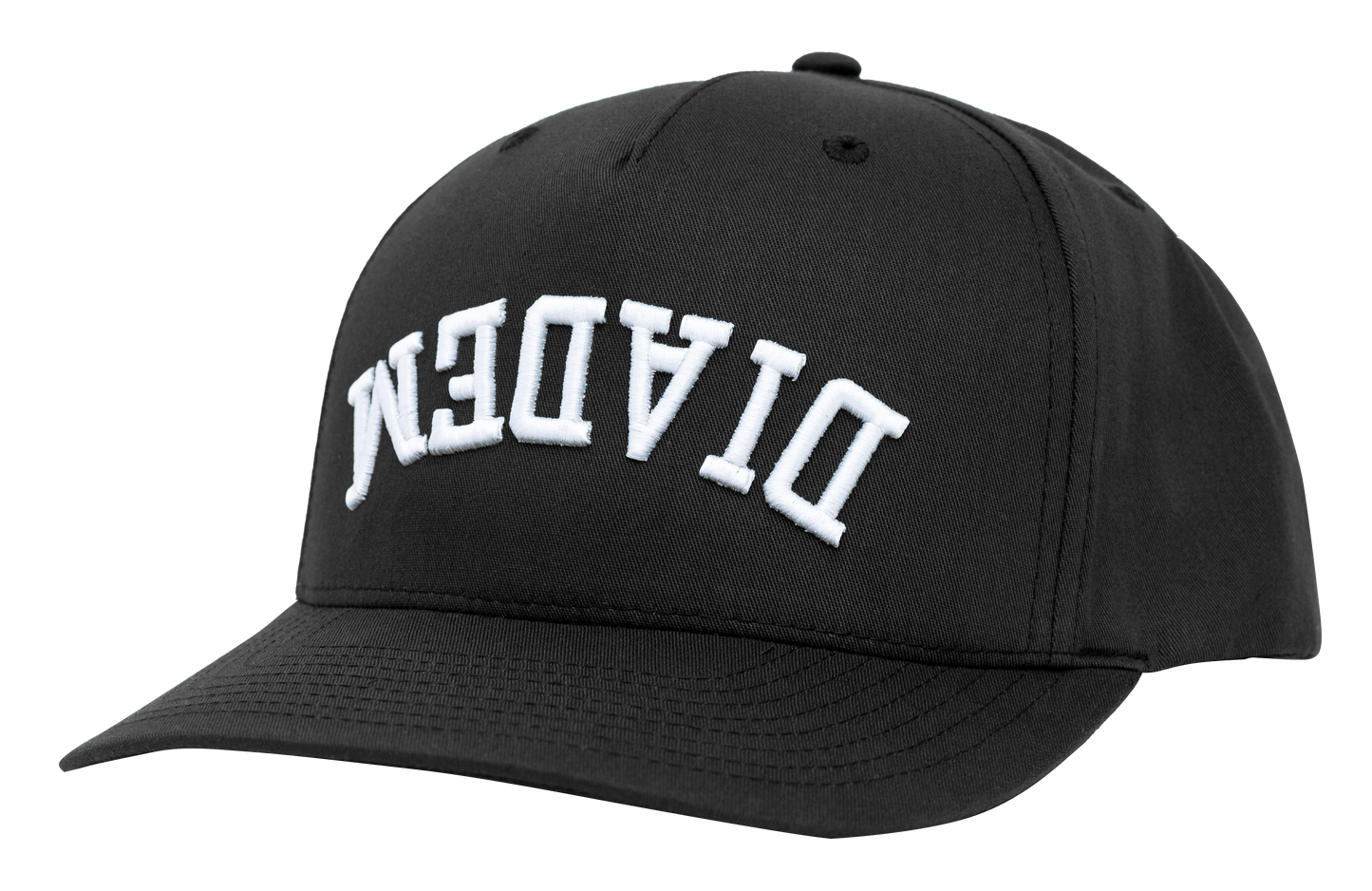 The Diadem Sports Performance Hat is a black snapback trucker cap with white upside-down “MADEN” embroidery, a curved brim, ventilation eyelets, and an adjustable fit—shown against a plain light background.