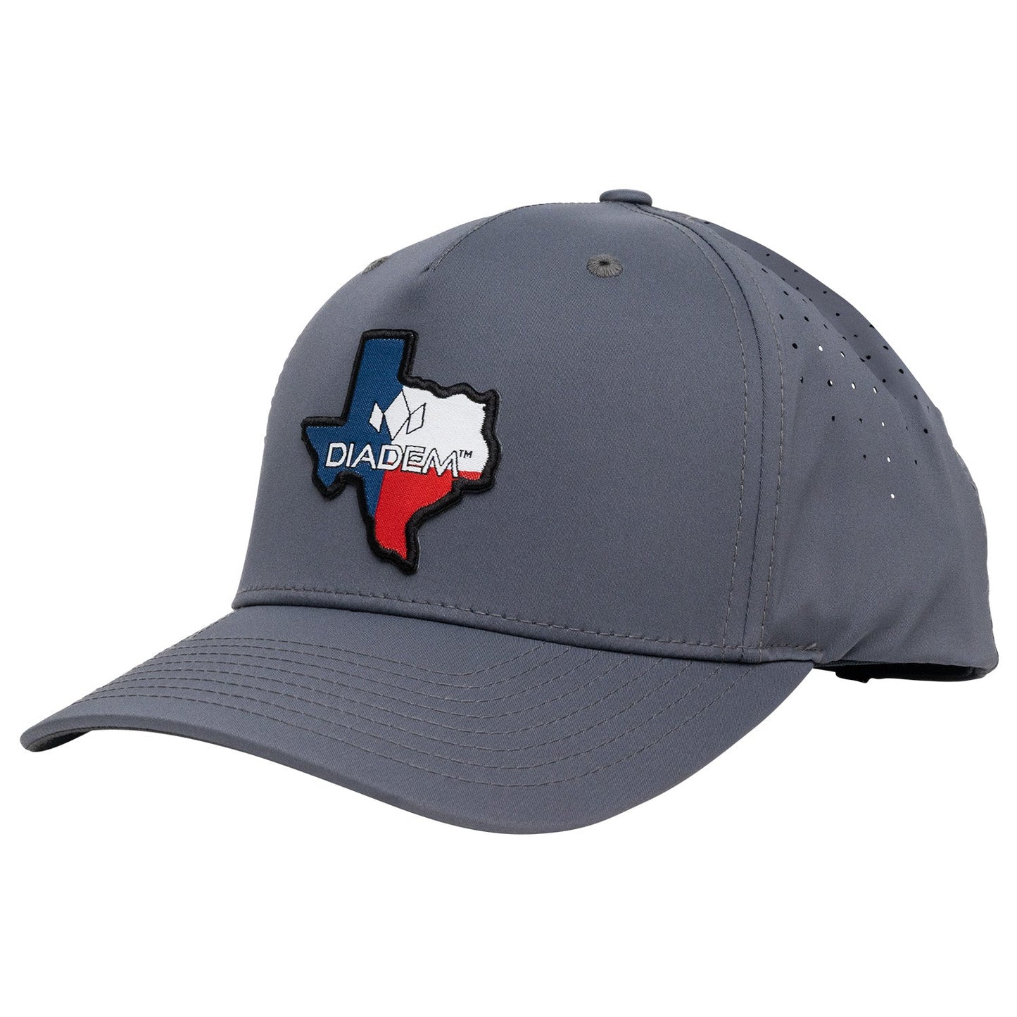 The Diadem Sports Performance Hat is a gray snapback trucker cap with a curved brim, blue-white-red embroidered Texas patch, side ventilation holes, and DIADEM plus a diamond logo on the front.