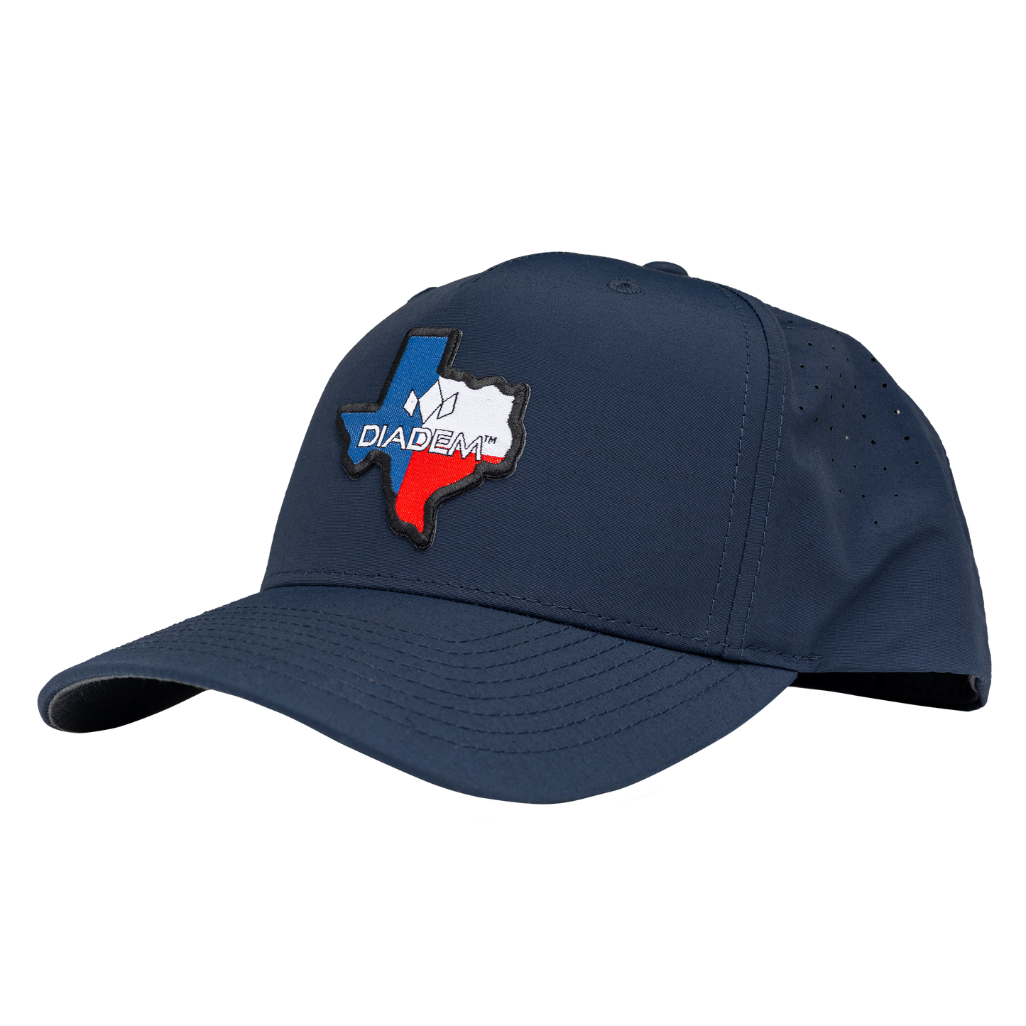 The Diadem Texas Performance Hat by Diadem Sports is a navy cap featuring a Texas-shaped patch with blue, white, and red sections, "DIADEM" text, a white diamond logo above, and side ventilation holes for comfort.