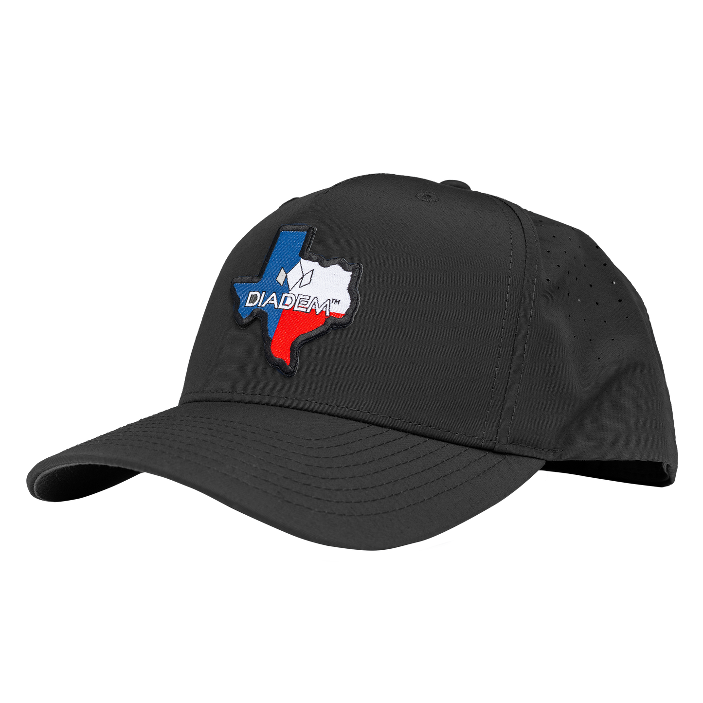 The Diadem Sports Diadem Texas Performance Hat is a black baseball cap with an embroidered blue, white, and red Texas outline, the word DIADEM, and a white diamond shape, shown on a plain light background.