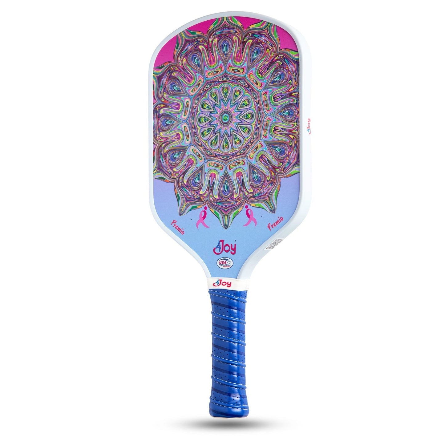 The 4Joy Paddles DinkForPink Special Edition 4Joy Premio Series paddle features a blue grip, white edge, vibrant mandala on light purple, "Joy" and "Prevail" text, pink breast cancer ribbons, and supports a Breast Cancer Foundation donation.
