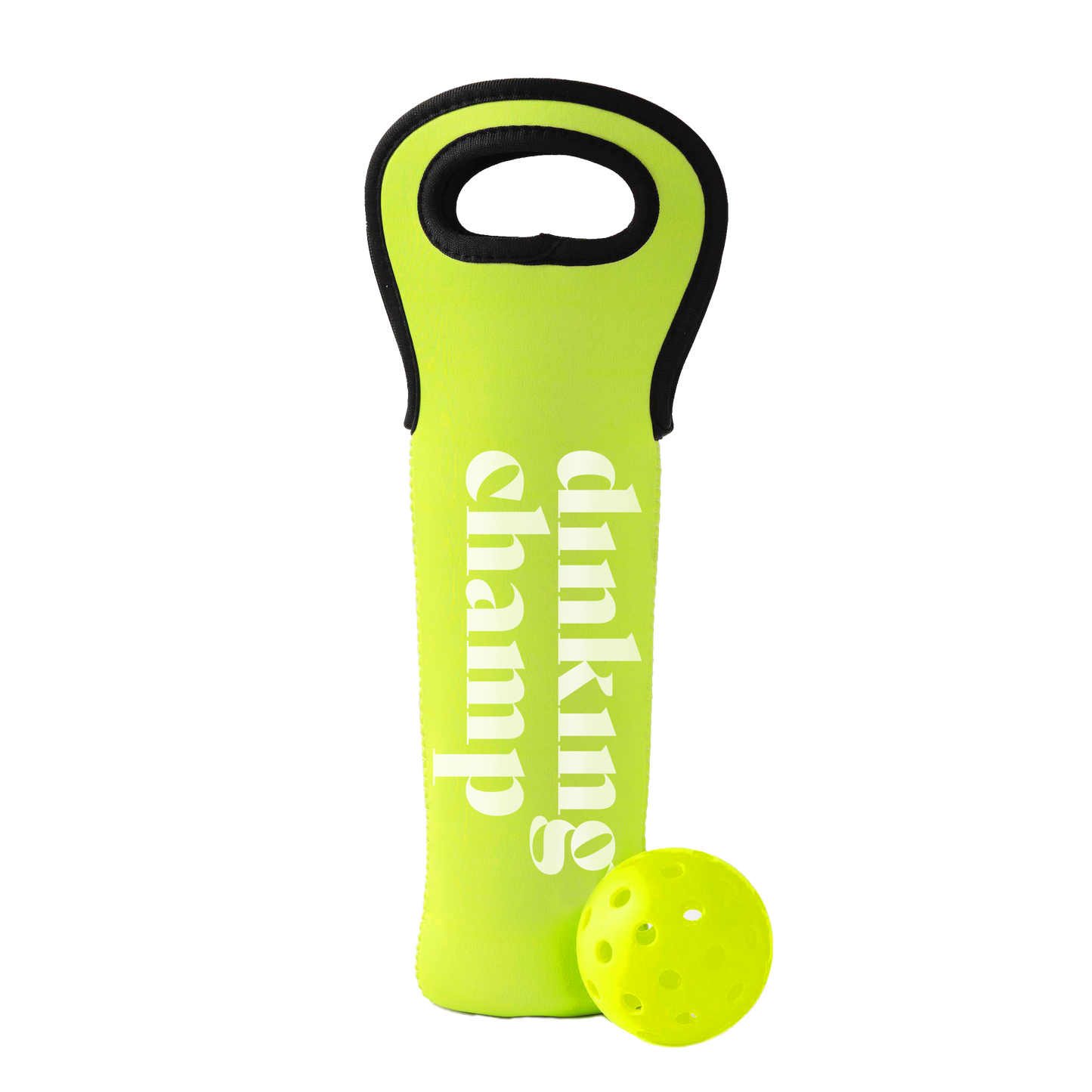 A vibrant green Swinton Pickleball Dinking Champ paddle with bold white lettering stands upright next to a perforated yellow pickleball, both from the Dinking Champ Sleeve of Pickleballs collection, set on a plain white background.