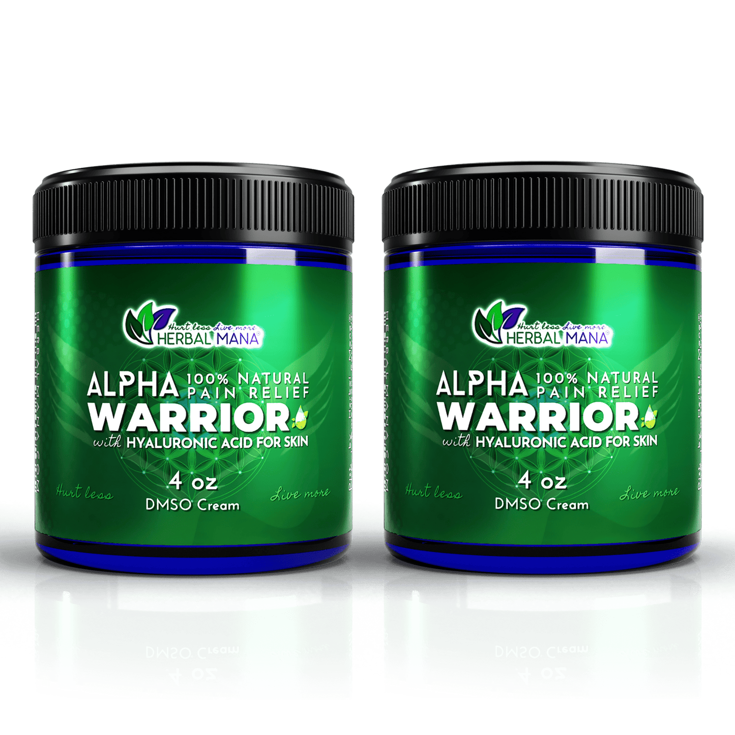 Two blue 4 oz jars of Herbal Mana’s Alpha Warrior DMSO Cream for Joint & Muscle Recovery, with hyaluronic acid. Each jar has a green label, leaf logo, and the phrases 100% Natural Pain Relief, Must Less, and Live More.