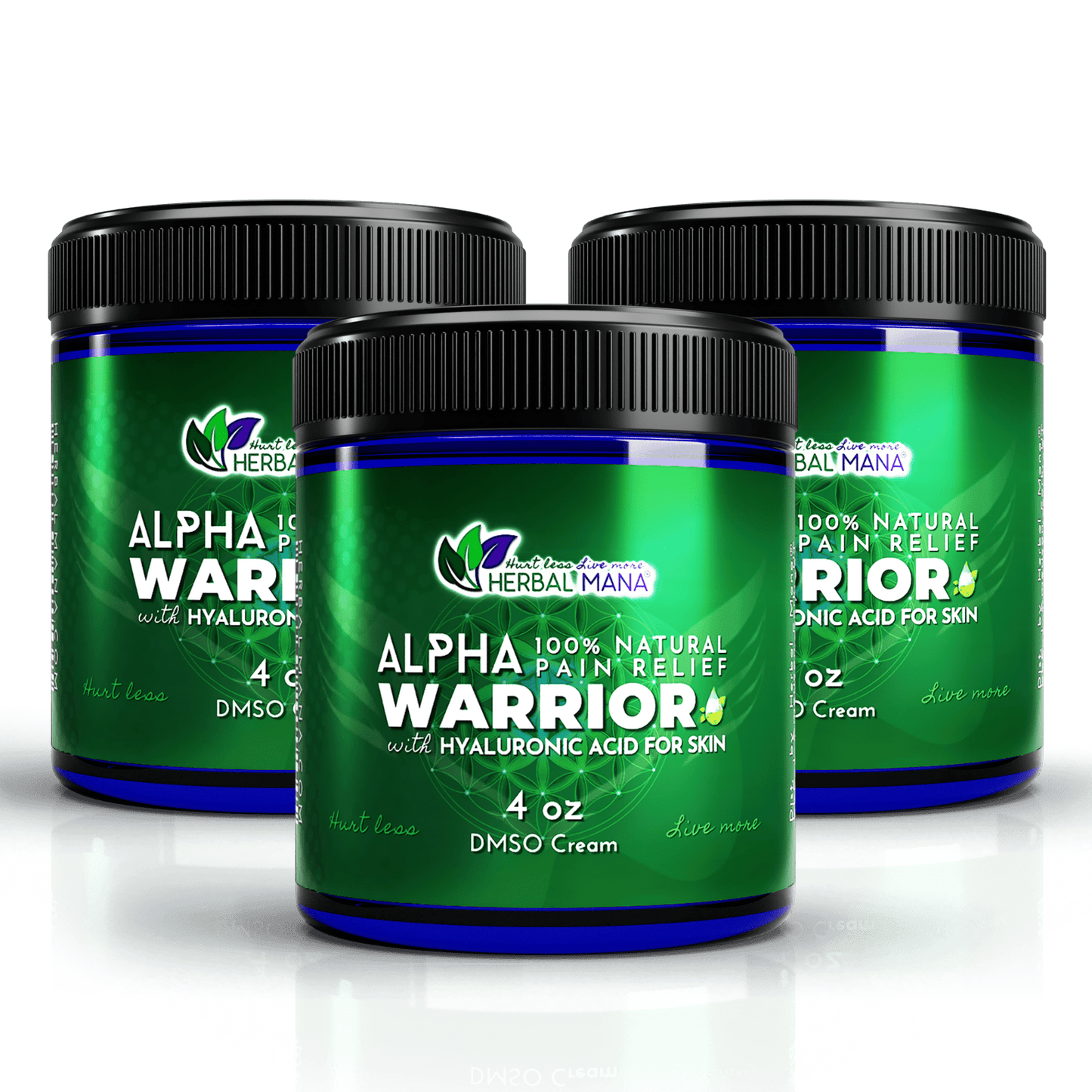Three jars of Herbal Mana Alpha Warrior DMSO Cream for Joint & Muscle Recovery (4 oz each), featuring a shiny green label, black lid, and the Herbal Mana logo with a green leaf design.