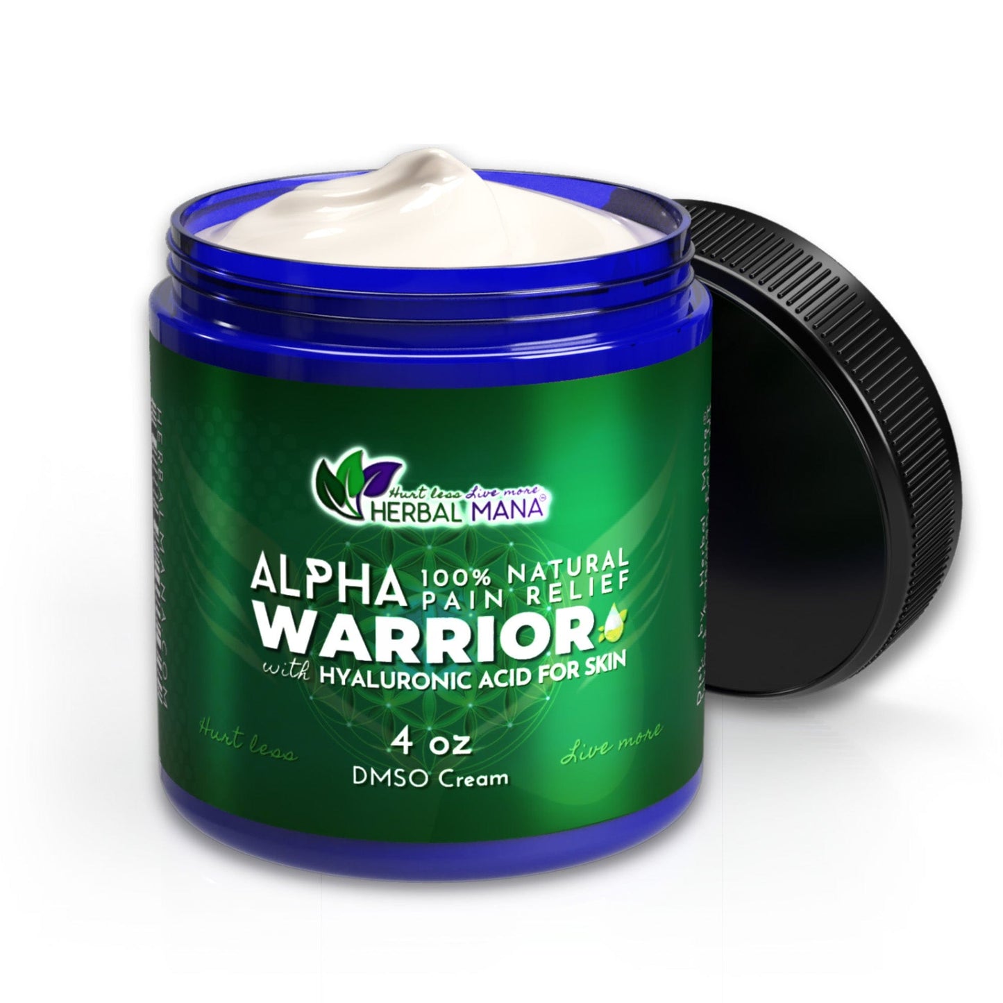 A blue jar with a black lid labeled DMSO Cream for Joint & Muscle Recovery | Alpha Warrior by Herbal Mana, 4 oz. Features a green label with white and yellow text. Ideal for joint pain relief and muscle soreness. Contains hyaluronic acid for skin.