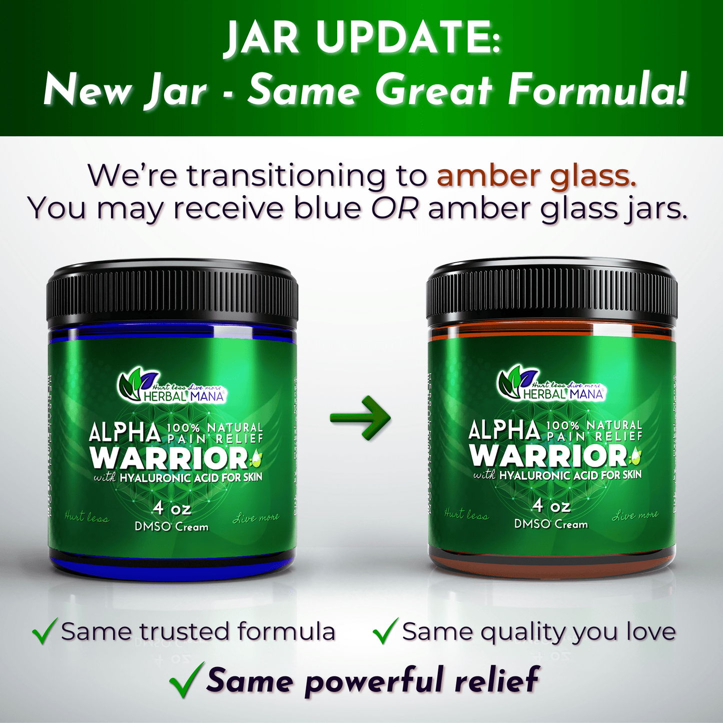 Two jars of Herbal Mana's DMSO Cream for Joint & Muscle Recovery | Alpha Warrior are shown: a blue jar and an amber jar, both with black lids. Text explains the new jar color but confirms the trusted formula for joint and muscle relief remains unchanged.