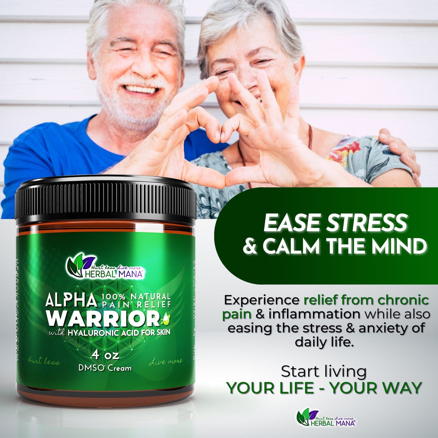 A smiling mature couple forms a heart shape with their hands behind a green jar labeled "DMSO Cream for Joint & Muscle Recovery | Alpha Warrior" by Herbal Mana. Text highlights joint and muscle pain relief, inviting you to live life your way.