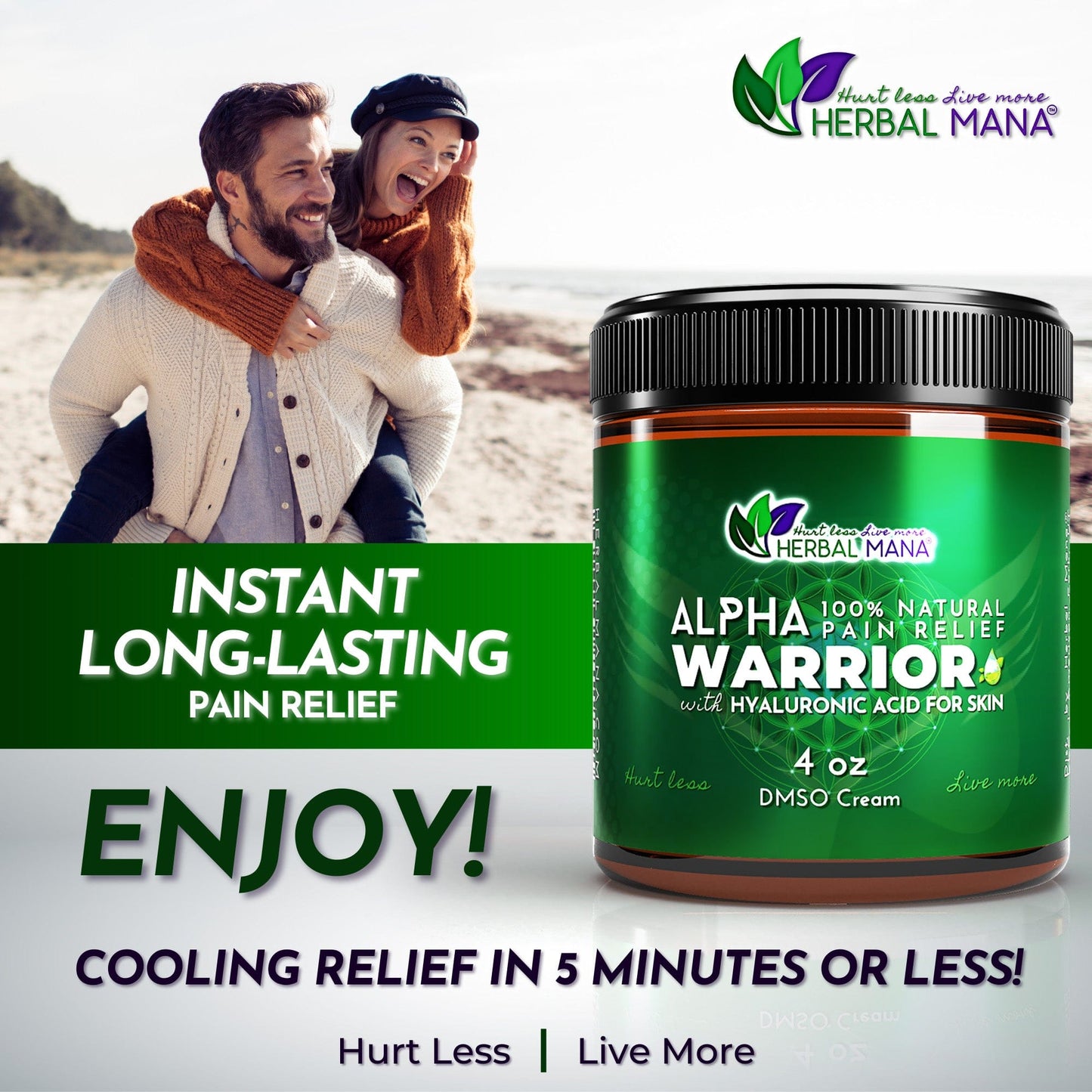 A happy couple walks on a beach in cozy clothes. In front, Herbal Mana’s “DMSO Cream for Joint & Muscle Recovery | Alpha Warrior” promises fast-acting, long-lasting relief from joint pain and muscle soreness in 5 minutes or less.