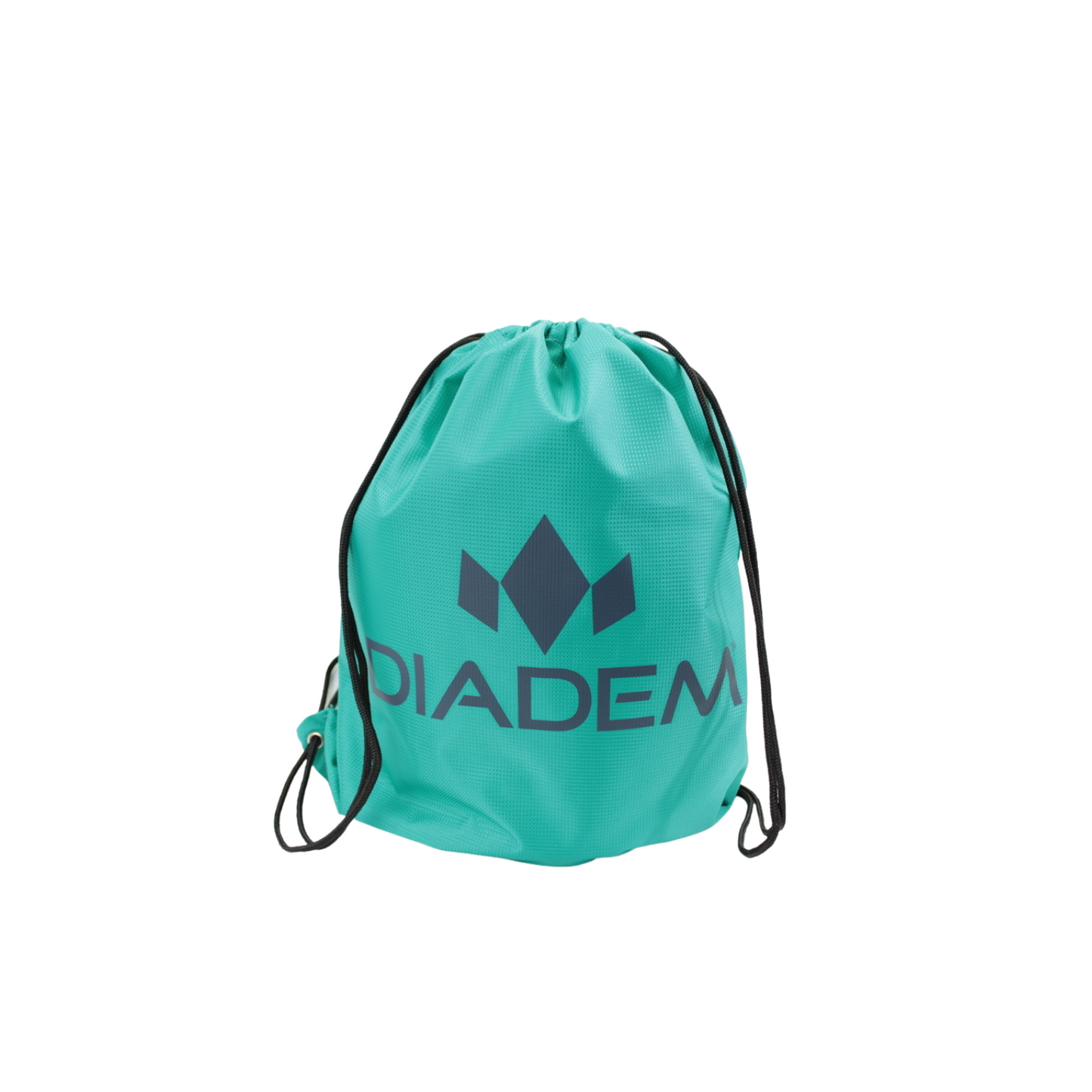 The Diadem Sports Draw String Bag features a teal design with black cords, a geometric crown logo, and DIADEM printed on the front—perfect for carrying your tennis gear in style.