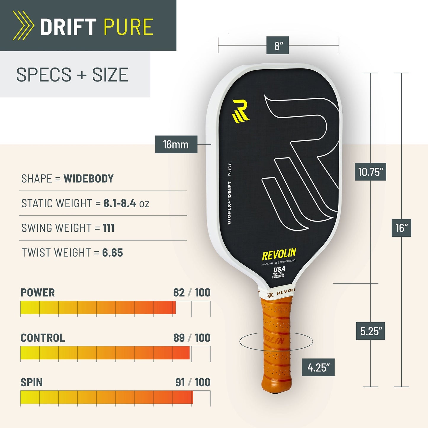 A black and white Drift Pure Pickleball Paddle by Revolin Sports is centered, labeled. Size: 16" long, 8" wide, 16mm thick. Features include a brown textured handle, enhanced control, and reduced vibration among its key specs and ratings.