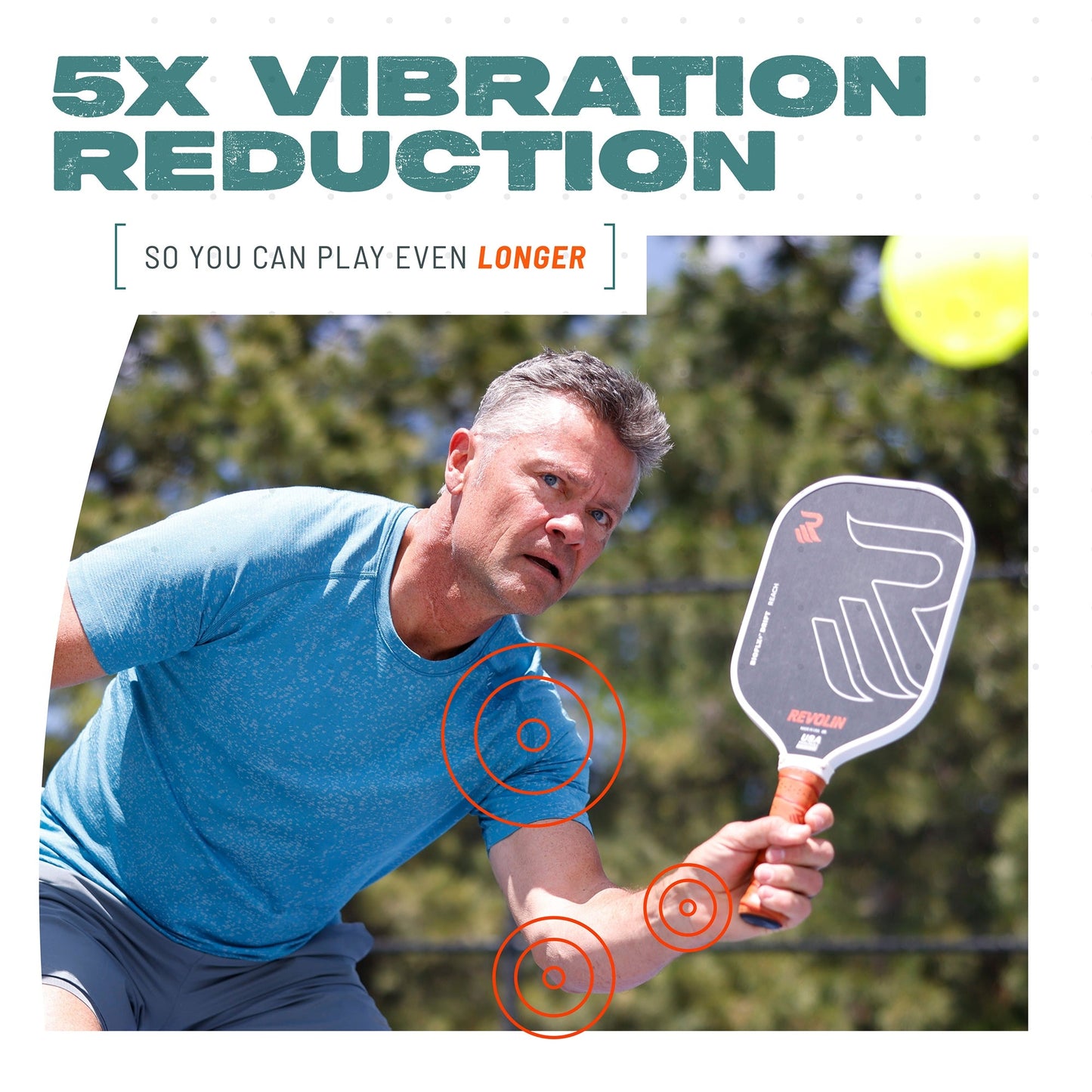 A middle-aged man in a blue shirt plays outdoor pickleball, focused as he swings the Drift Pure Pickleball Paddle by Revolin Sports. Overlaid text reads, 5X Vibration Reduction—So you can play even longer. Concentric circles highlight reduced vibration.
