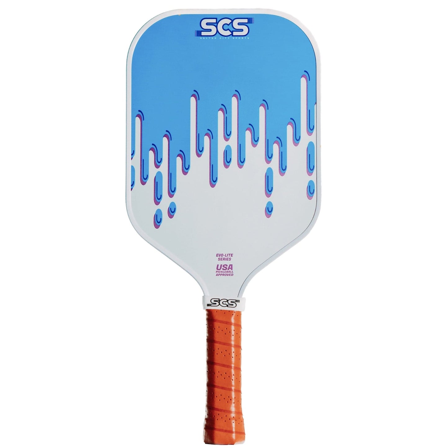 The Drippy | Evo-Lite Series paddle by Salted City Sports features a white base, blue drip design, SCS logo, orange grip tape, and offers enhanced spin control with pink and purple “USA Pickleball Approved” details.