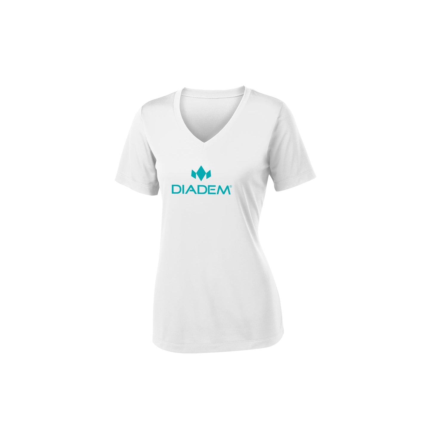 The Drycore Women's V-Neck T-Shirt by Diadem Sports features breathable polyester, short sleeves, and a white design. A turquoise DIADEM logo and geometric emblem are centered on the chest for a modern style.