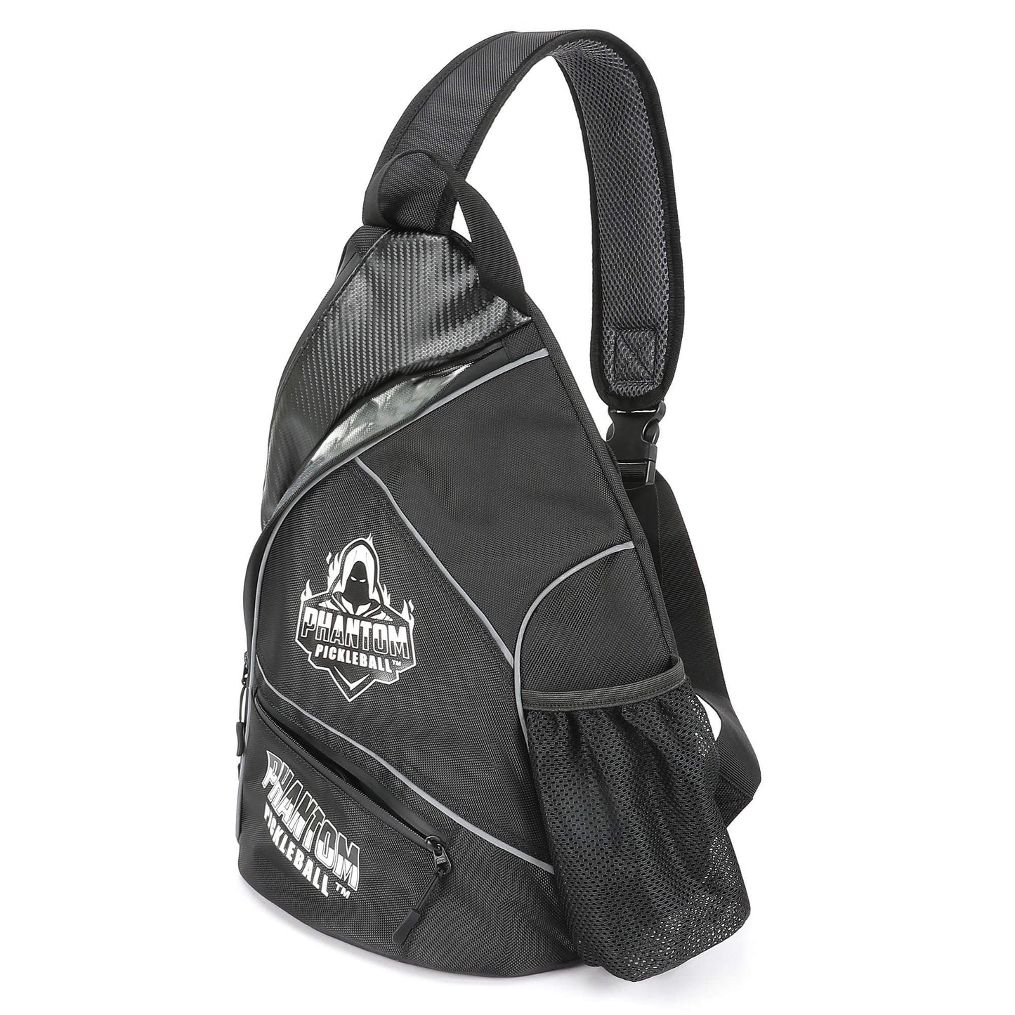 The Phantom Pickleball Sling Bag by Phantom Pickleball features a black design with logos, white piping, zippered compartments, and mesh pocket. Its padded adjustable strap has breathable mesh—ideal for carrying your essential pickleball gear.
