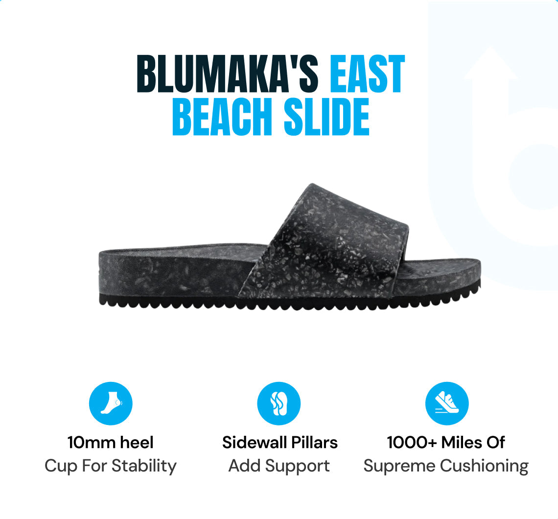 A black textured slide sandal sits on a white background. Above, bold text reads BLUMAKA Fleks® EAST BEACH SLIDE with EAST BEACH SLIDE in blue. Icons below show athlete recovery, 10mm heel stability, and sidewall pillars for alignment support.