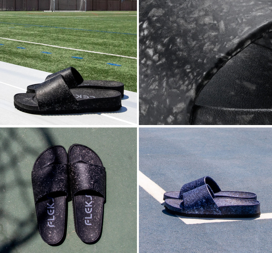 A collage of four images displays the Blumaka Fleks® East Beach Slide—black, marbled slip-on sandals on outdoor sports surfaces—designed for athlete recovery and soreness relief after intense activity.