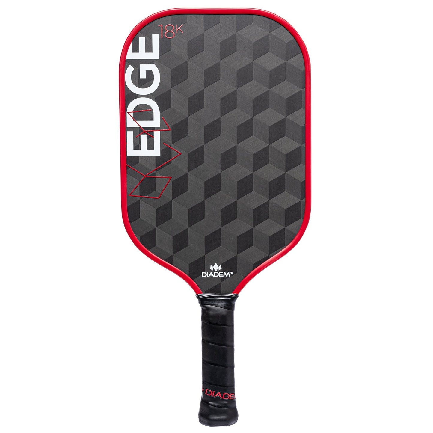 The Diadem Sports Edge 18K paddle features a black design with a red edge, bold “EDGE 18K” lettering, gray geometric 3D cube pattern, black grip tape with the Diadem logo, and is USAPA Approved for play.
