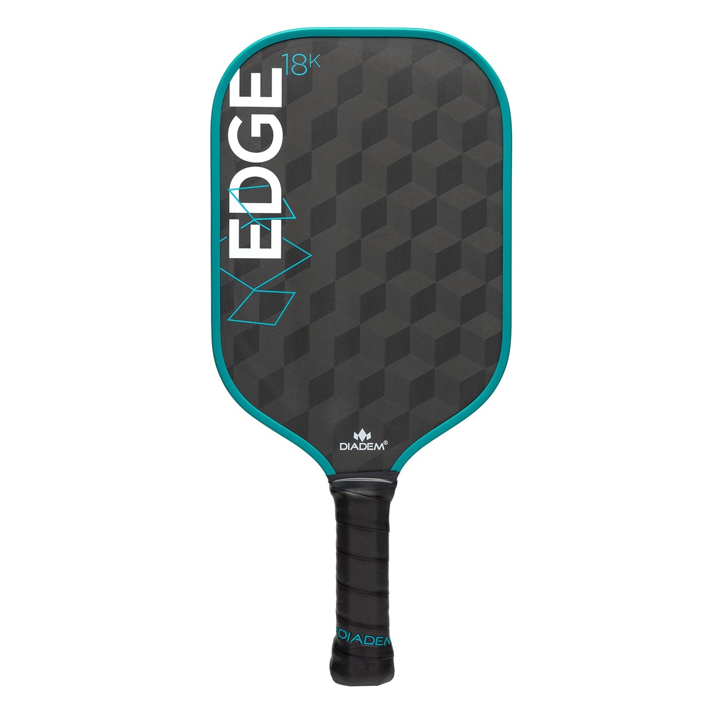 The Diadem Sports Edge 18K pickleball paddle features a bold EDGE 18K logo on a black face with a teal edge, geometric pattern, and grip-taped handle with a small Diadem logo at the base. USAPA Approved.