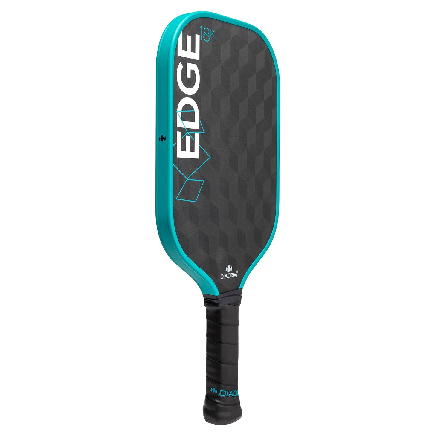 The Diadem Sports Edge 18K is a USAPA approved black pickleball paddle with a geometric pattern, teal edge, "EDGE 18K" in white and blue, the Diadem logo at the base, and a handle wrapped in black grip tape.