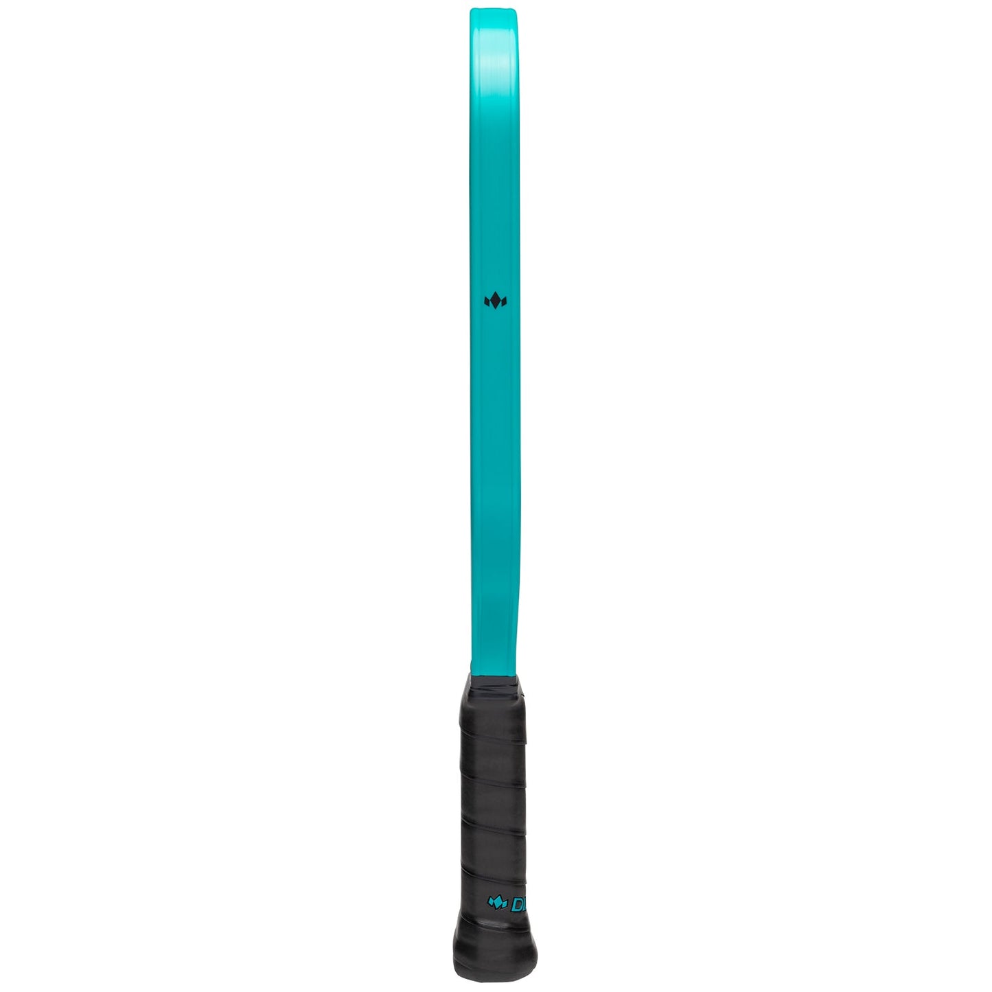 A side view of the Edge 18K by Diadem Sports highlights its sleek turquoise frame and black grip tape, mirroring a streamlined, minimal design. The USAPA Approved quality ensures top performance for pickleball enthusiasts.