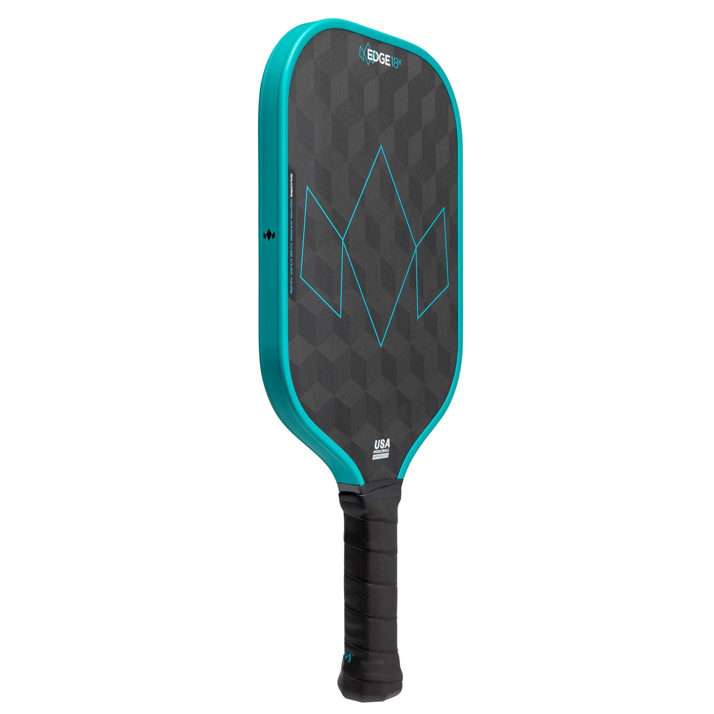 The Diadem Sports Edge 18K paddle, USAPA approved, features a black and teal hexagonal pattern with a turquoise crown, black grip tape, and a teal edge guard—shown upright on a white background.