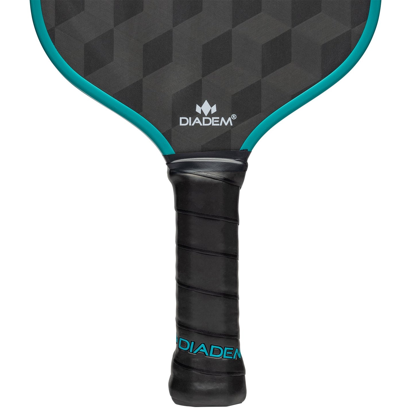 Close-up of the Diadem Sports Edge 18K USAPA Approved pickleball paddle, featuring a geometric black and gray face, teal trim, black grip handle, and visible DIADEM branding near the neck and on the grip.