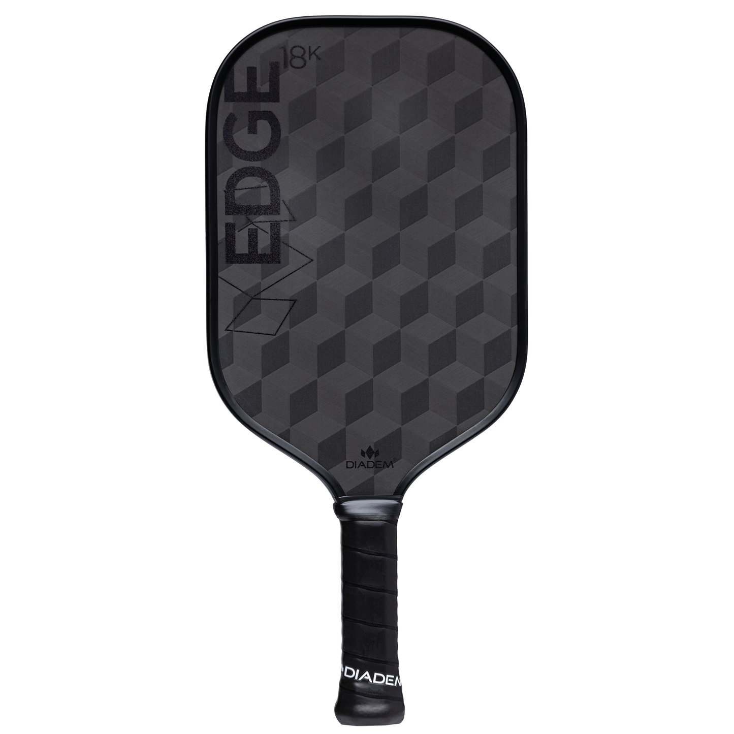 The Diadem Sports Edge 18K paddle is black with a geometric hexagon pattern, bold EDGE 18K label on the top left, and Diadem logo above the wrapped handle. USAPA Approved. Shown on a plain white background.