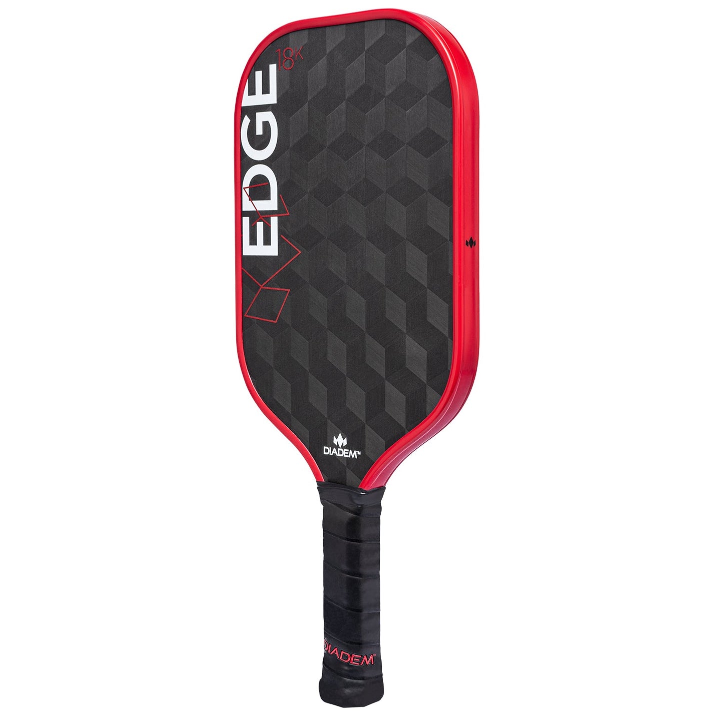 The Diadem Sports Edge 18K is a modern, USAPA-approved paddle with a red edge, black geometric-patterned face featuring "EDGE" in bold white letters, and a sleek black grip with the Diadem logo by the handle.