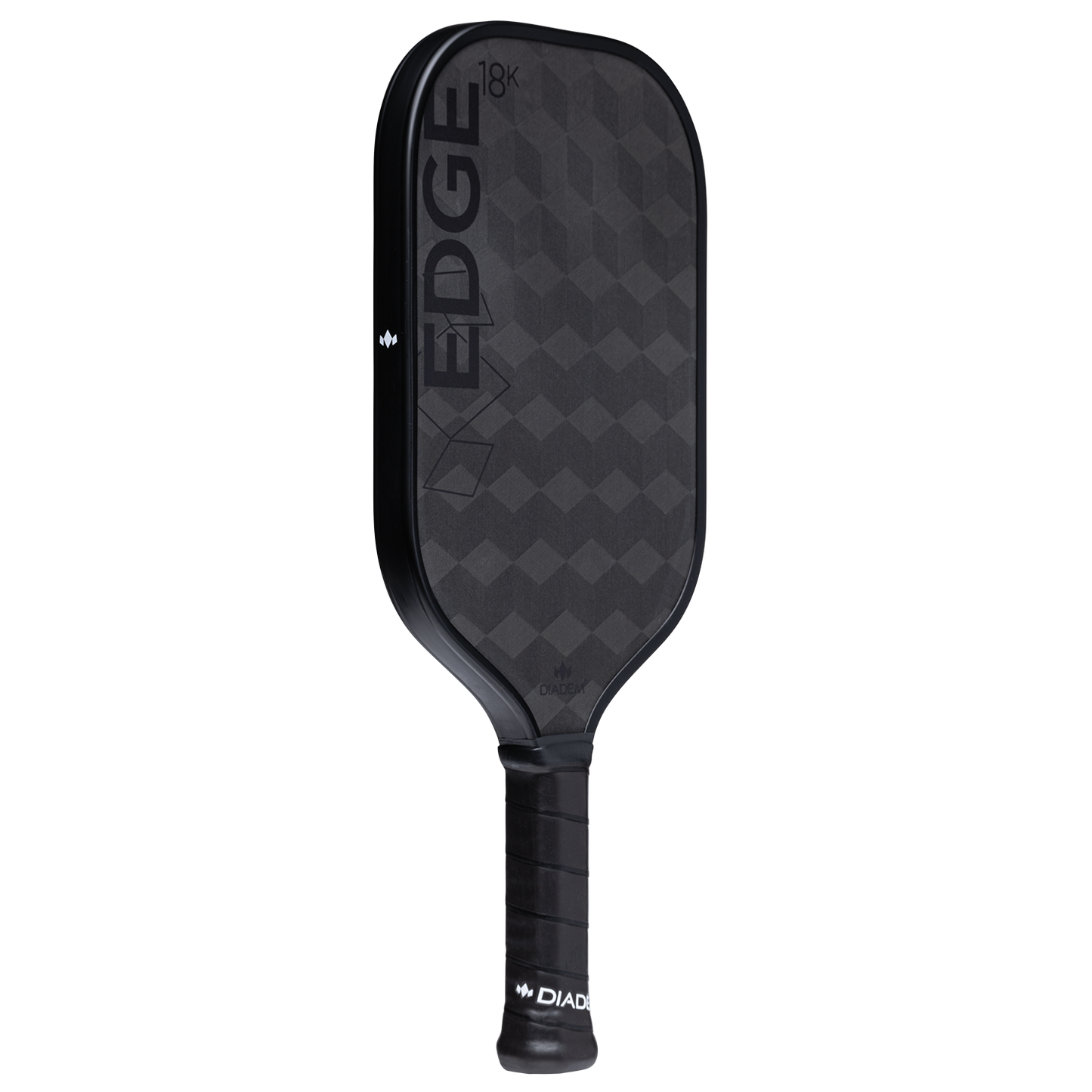 The Diadem Sports Edge 18K is a modern USAPA-approved paddle with a black geometric pattern, curved rectangular face, black grip handle, and subtle branding near the grip and edge, displayed on a plain white background.