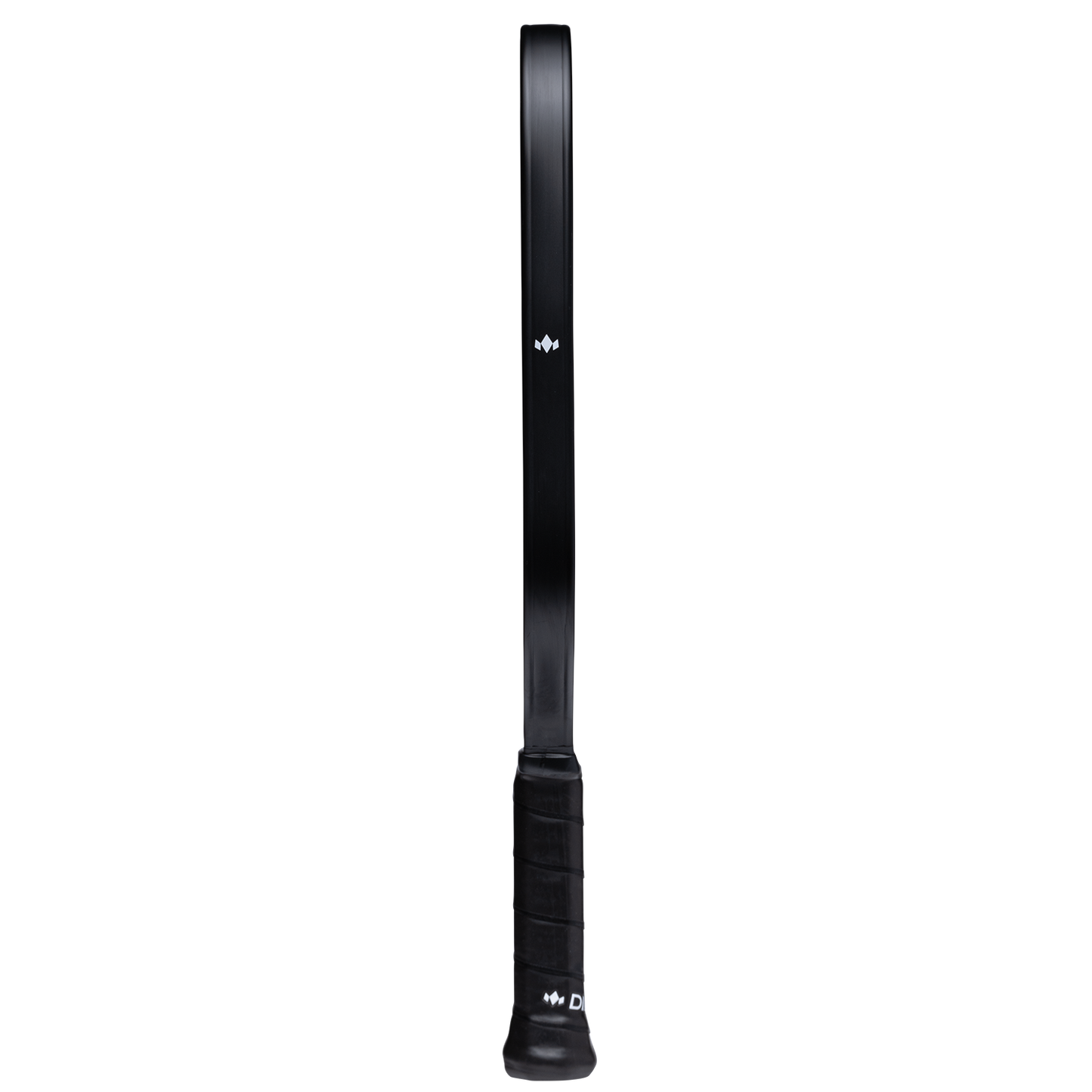 A black Diadem Sports Edge 18K pickleball paddle is shown side-on, making its thin edge nearly invisible. The handle features a textured grip, and the white Diadem Sports logo appears on both the frame and base against a plain white background.