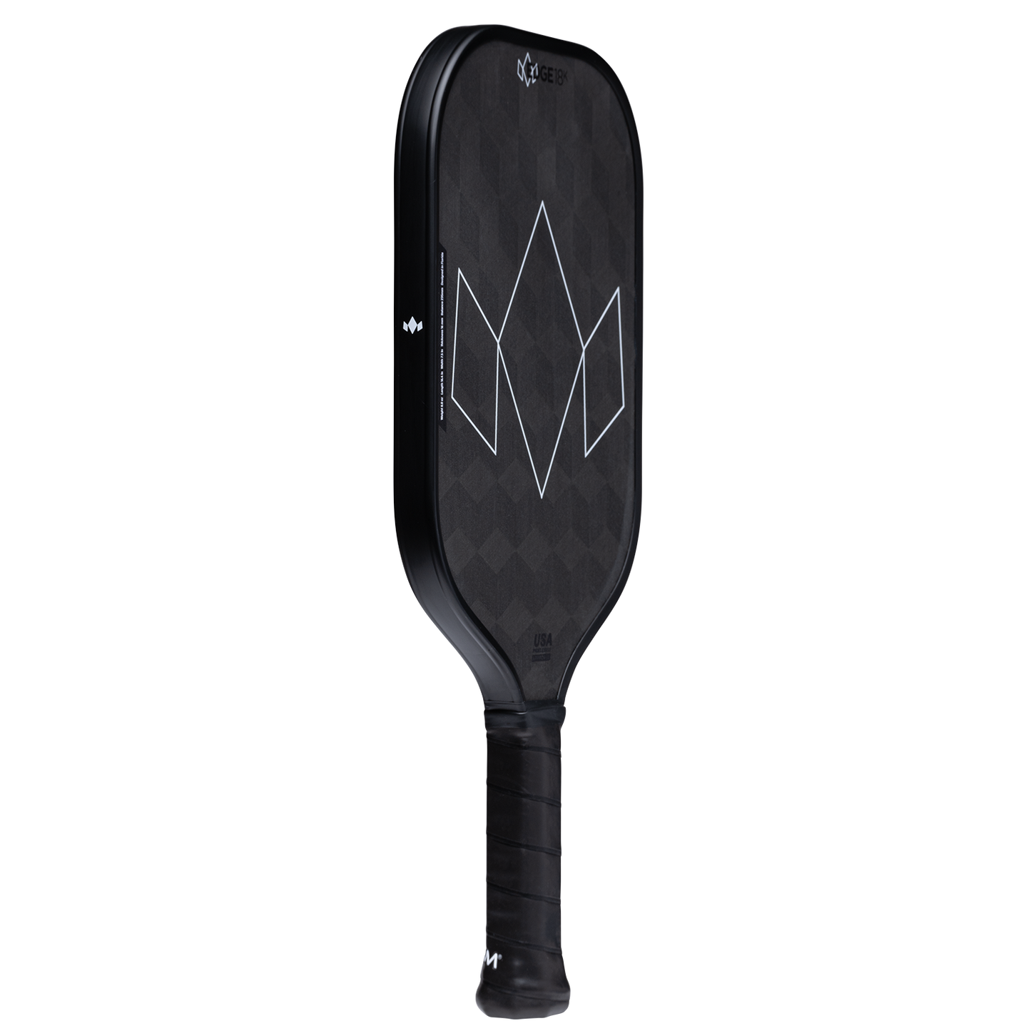 The Diadem Sports Edge 18K is a USAPA Approved black pickleball paddle with a geometric white crown design, black grip tape, rounded edges, and diamond patterns—delivering a modern, sleek appearance.
