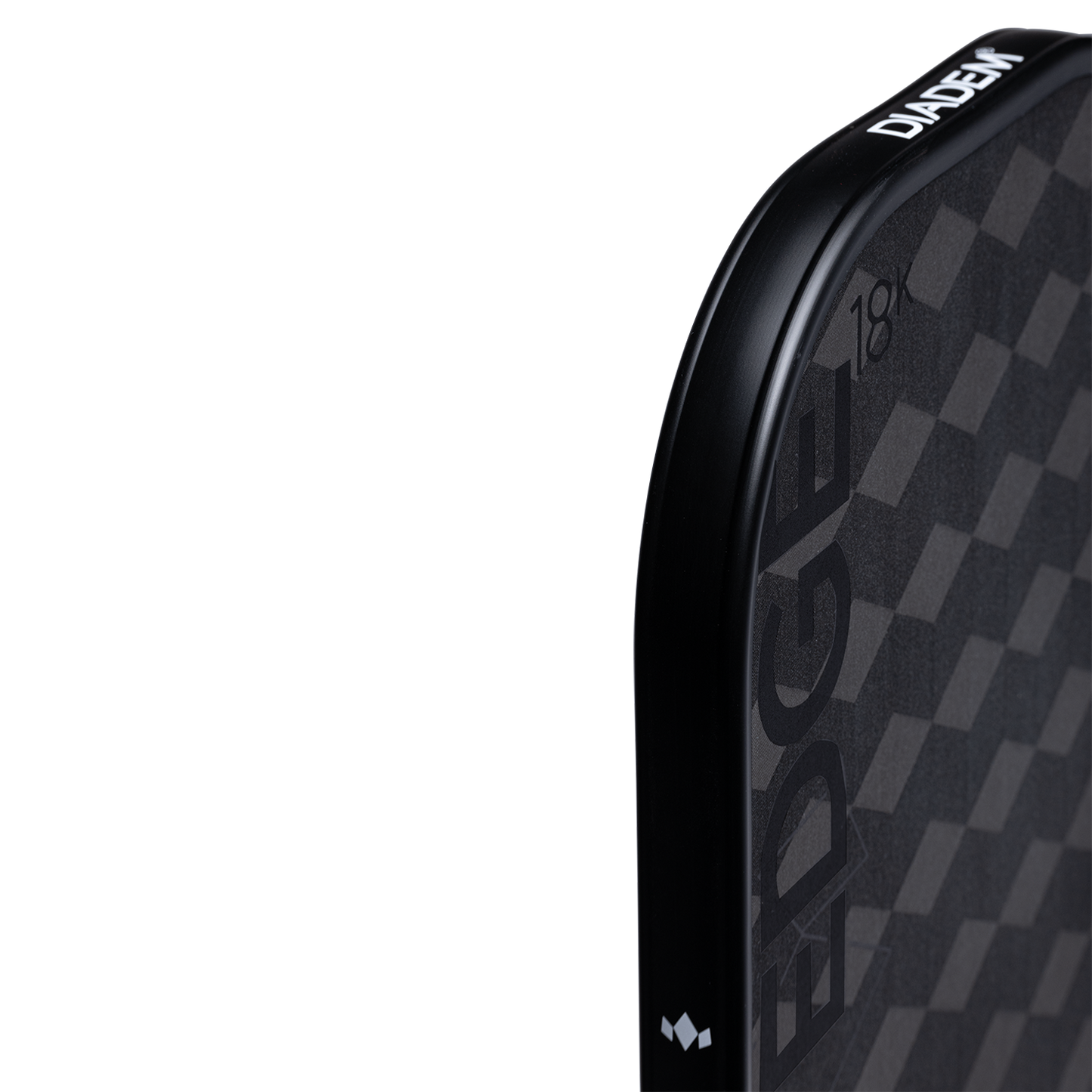 Close-up of the top right corner of the Diadem Sports Edge 18K USAPA approved pickleball paddle, featuring a checkered pattern. "EDGE 18K" and a white logo stand out on its sleek matte surface against a plain white background.