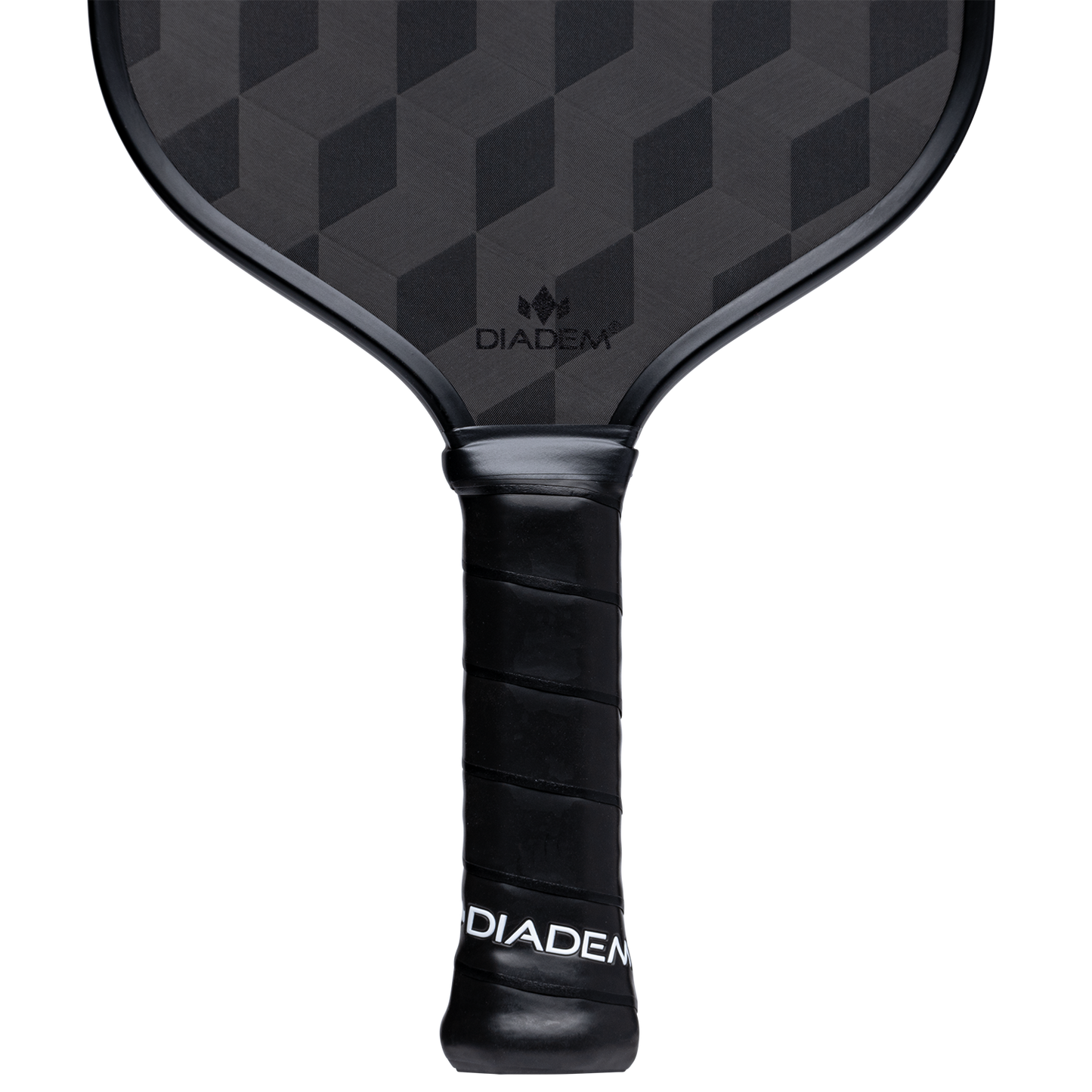 Close-up of the Diadem Sports Edge 18K paddle, featuring a geometric hexagonal face and black handle grip with “DIADEM” in white at the base, shown on a plain white background. USAPA approved.