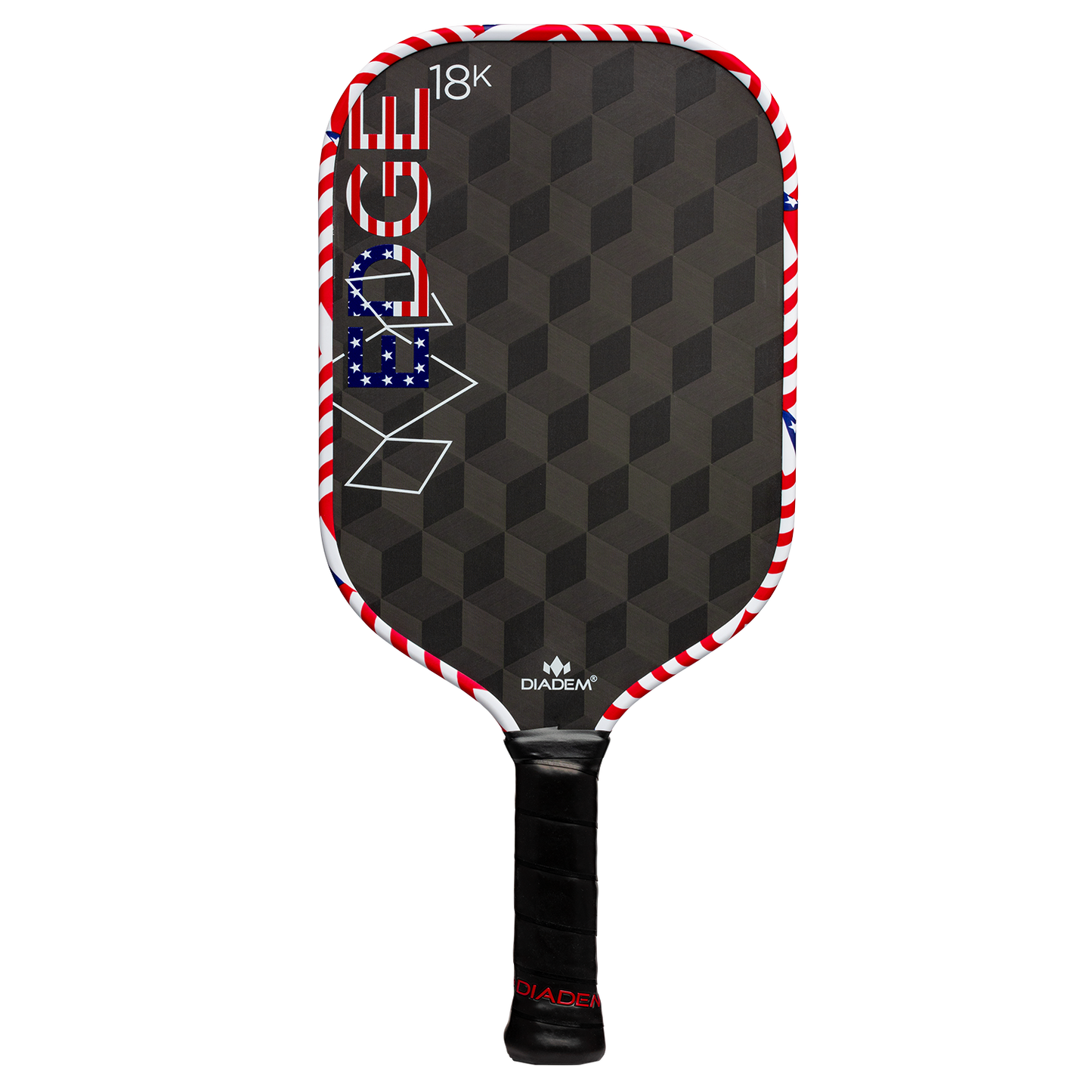 The Diadem Sports Edge 18K is a USAPA approved pickleball paddle with a black hexagonal face, bold EDGE lettering with a U.S. flag motif, 18K at the top, red/white/blue border, and the DIADEM logo above its black grip handle.