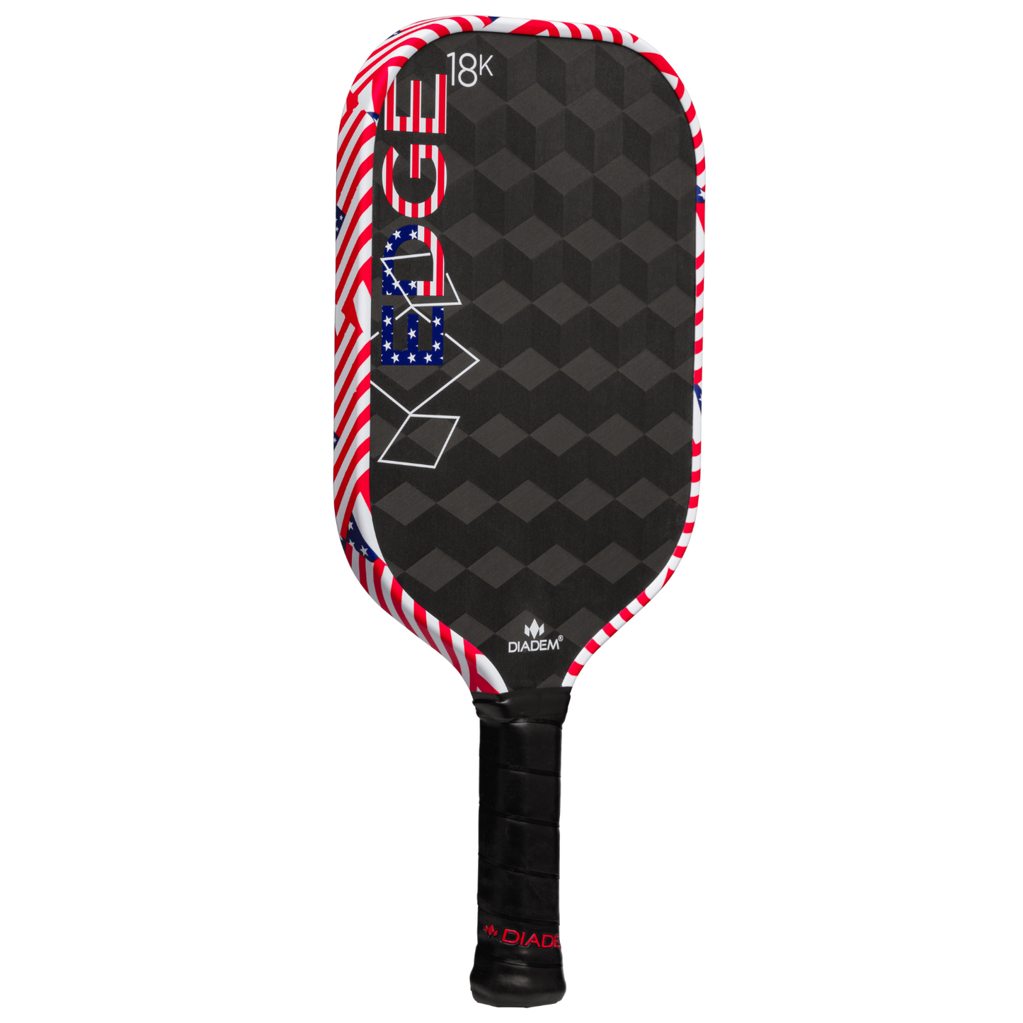 The Diadem Sports Edge 18K pickleball paddle features a black geometric design, bold "EDGE," USAPA Approved at the top, an American flag border, and a black handle with the "DIADEM" logo near the base.