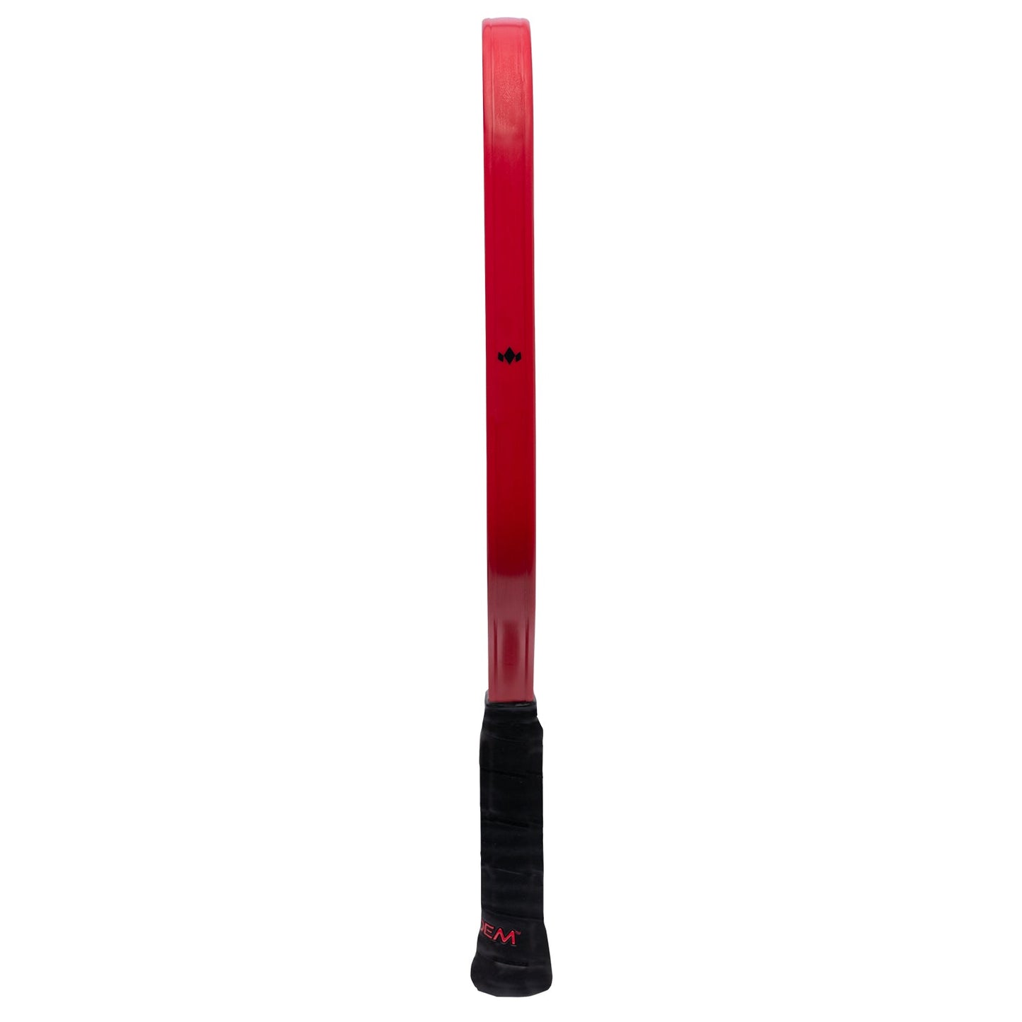 A side view of a tennis racket with a red frame and black grip closely mirrors the sleek, thin, vertically aligned design of the Diadem Sports Edge 18K pickleball paddle, which features a small black logo on the shaft. Strings and face are hidden from this angle.