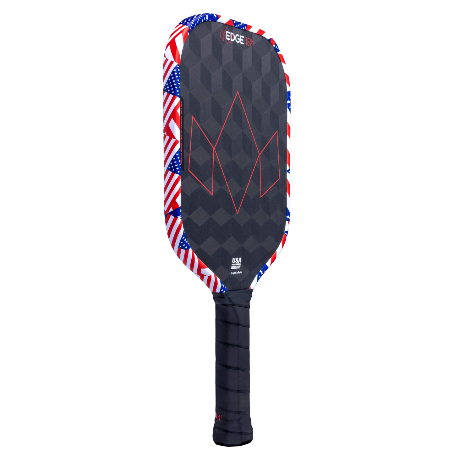 The Diadem Sports Edge 18K pickleball paddle is USAPA approved, with a black hexagon-patterned face, red geometric lines, a black grip, and an edge featuring a red, white, and blue American flag-inspired design.