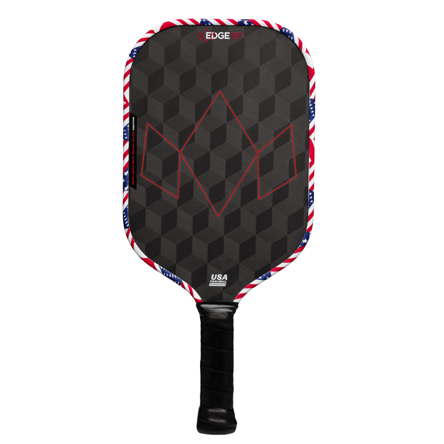 The Diadem Sports Edge 18K is a black pickleball paddle with a geometric face, red outlines, and red, white, and blue stripes on the edge. "EDGE 18K" and "USA Pickleball Approved" are printed on this USAPA approved paddle.