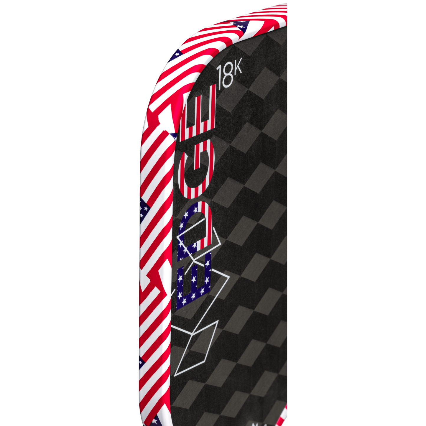 A close-up of the Diadem Sports Edge 18K pickleball paddle with "EDGE 18K" on black carbon fiber and red, white, and blue American flag edges. USAPA Approved, shown on a plain white background.